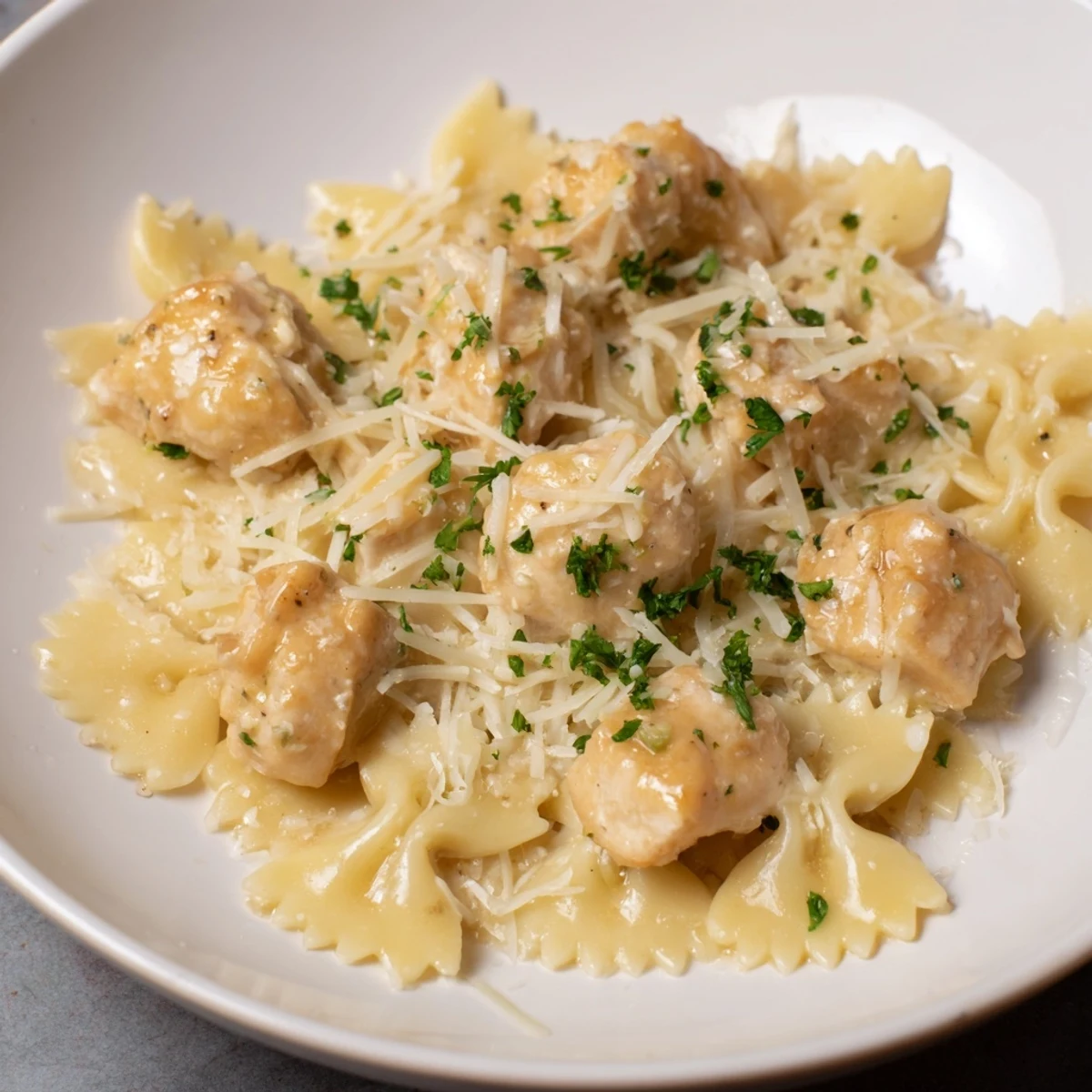 Forkful of juicy chicken and pasta, showcasing the flavorful Mozzarella Garlic Butter Chicken Bowties recipe.