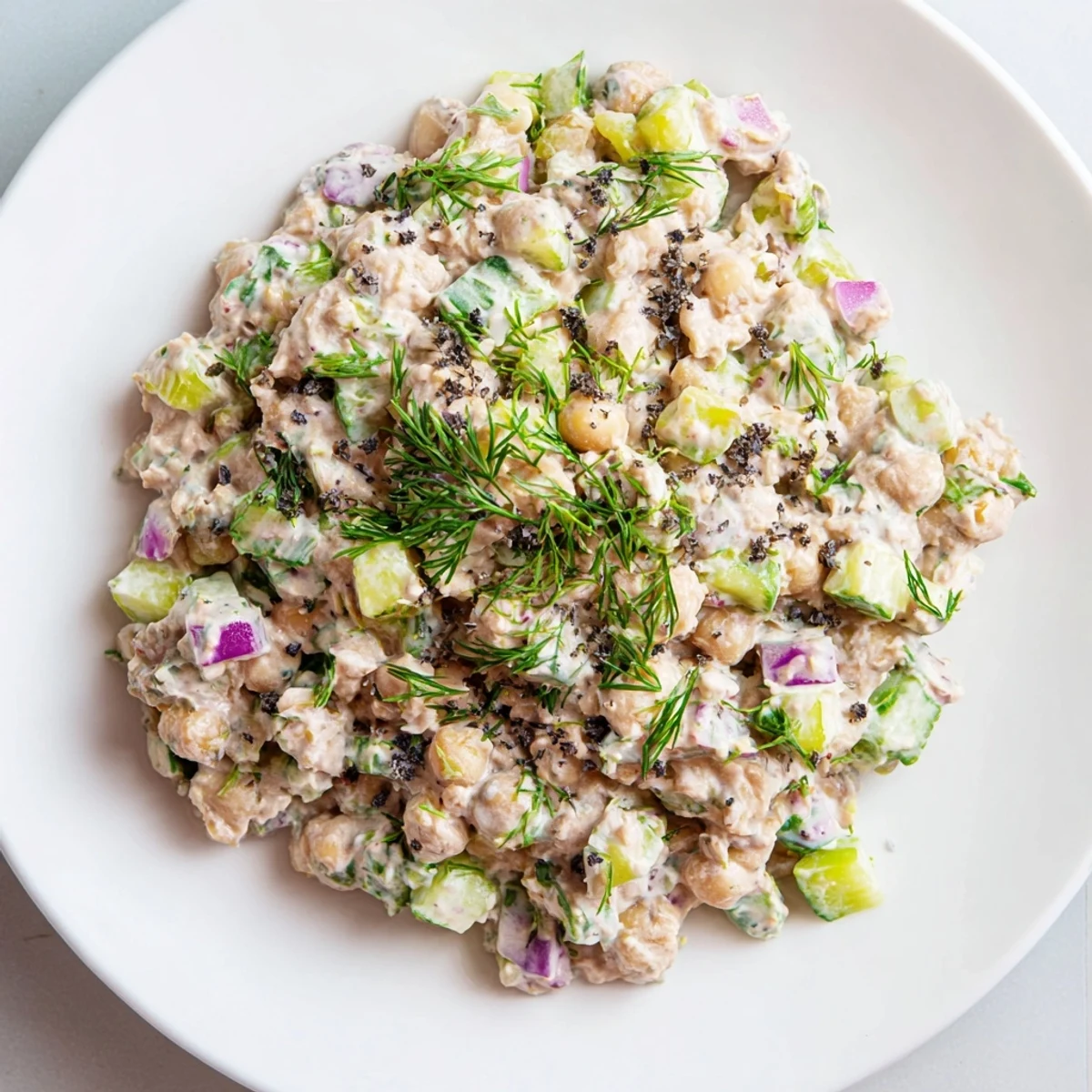 Creamy chickpea tuna salad, a vegan delight, ready for a sandwich or wrap.