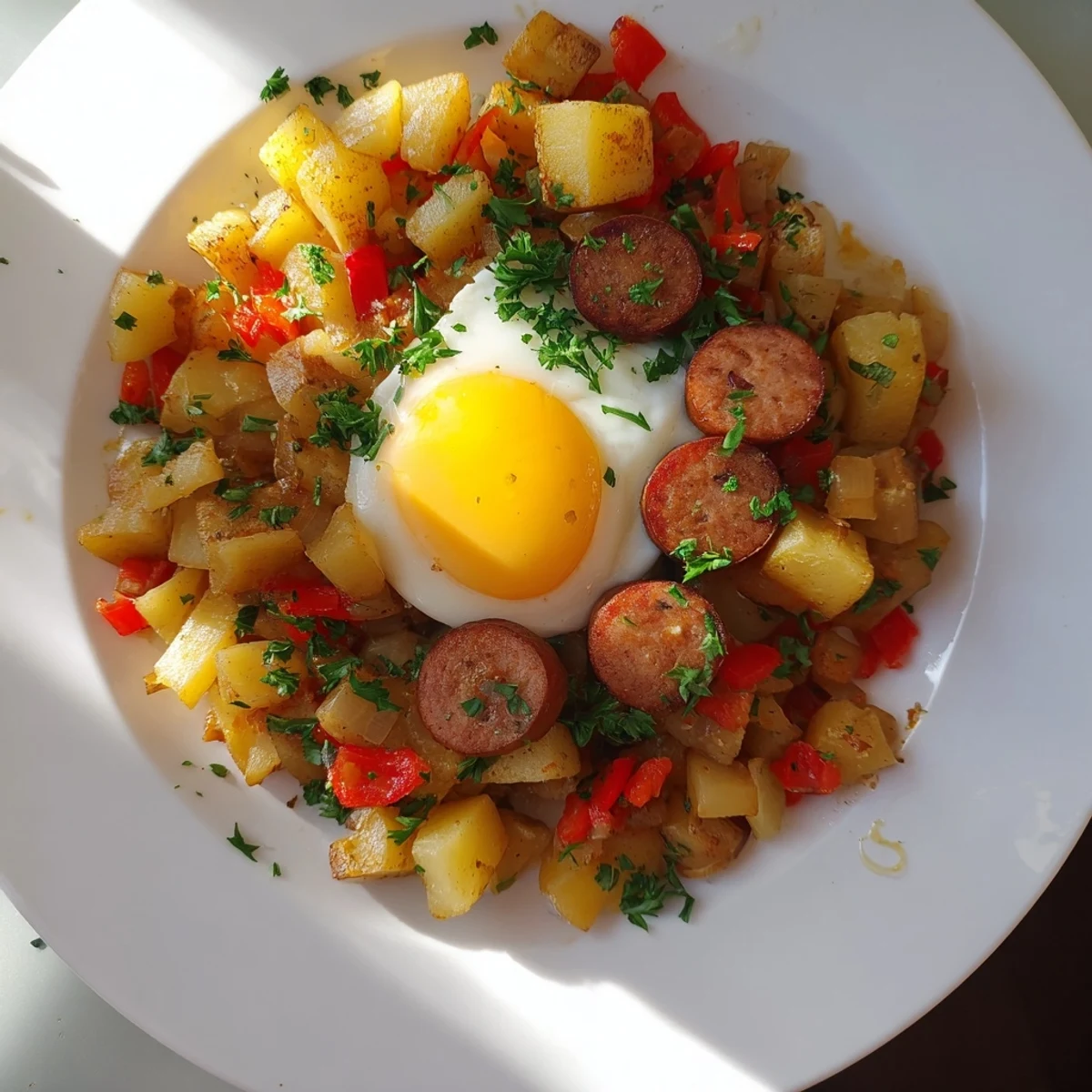 Golden-brown Egg & Potato Hash with visible hot dog slices and runny, beautiful eggs.