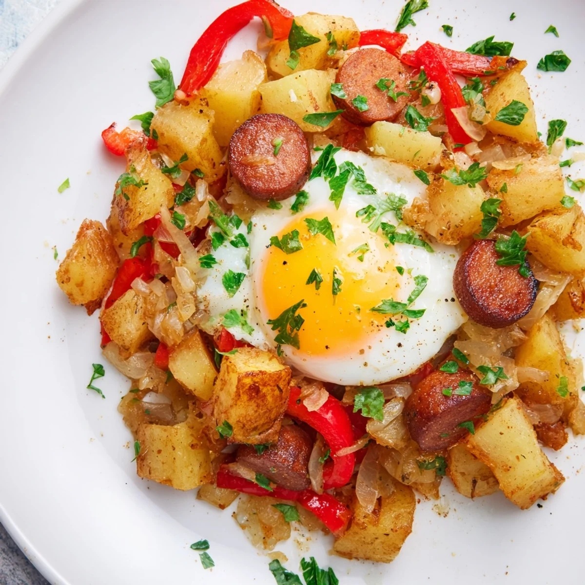 Savory Egg & Potato Hash, a skillet meal with crispy potatoes and sizzling hot dogs, ready to serve.