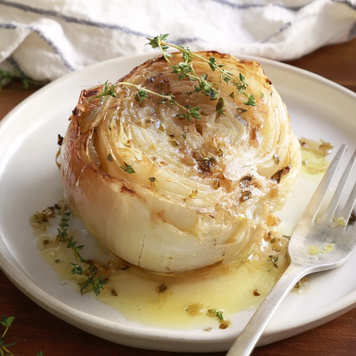 Tender Onion Boil, slow-roasted, showing off sweet onion layers and herb-infused butter.
