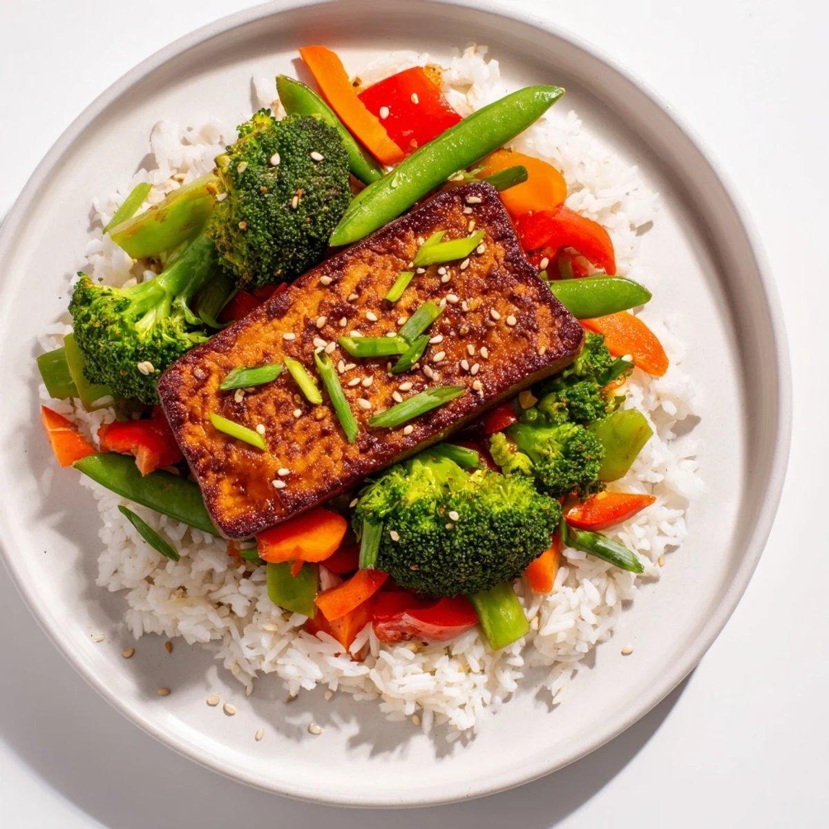Golden, pan-seared Pressed Tofu Steaks glistening alongside colorful stir-fried vegetables and fluffy rice.
