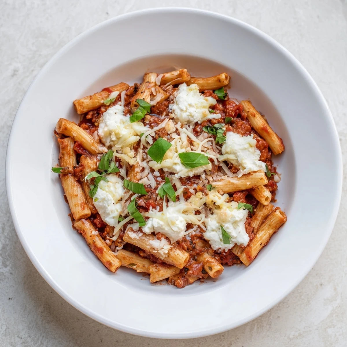 Steaming One-Pan Baked Ziti, topped with bubbly, melted mozzarella and a sprinkle of fresh herbs.