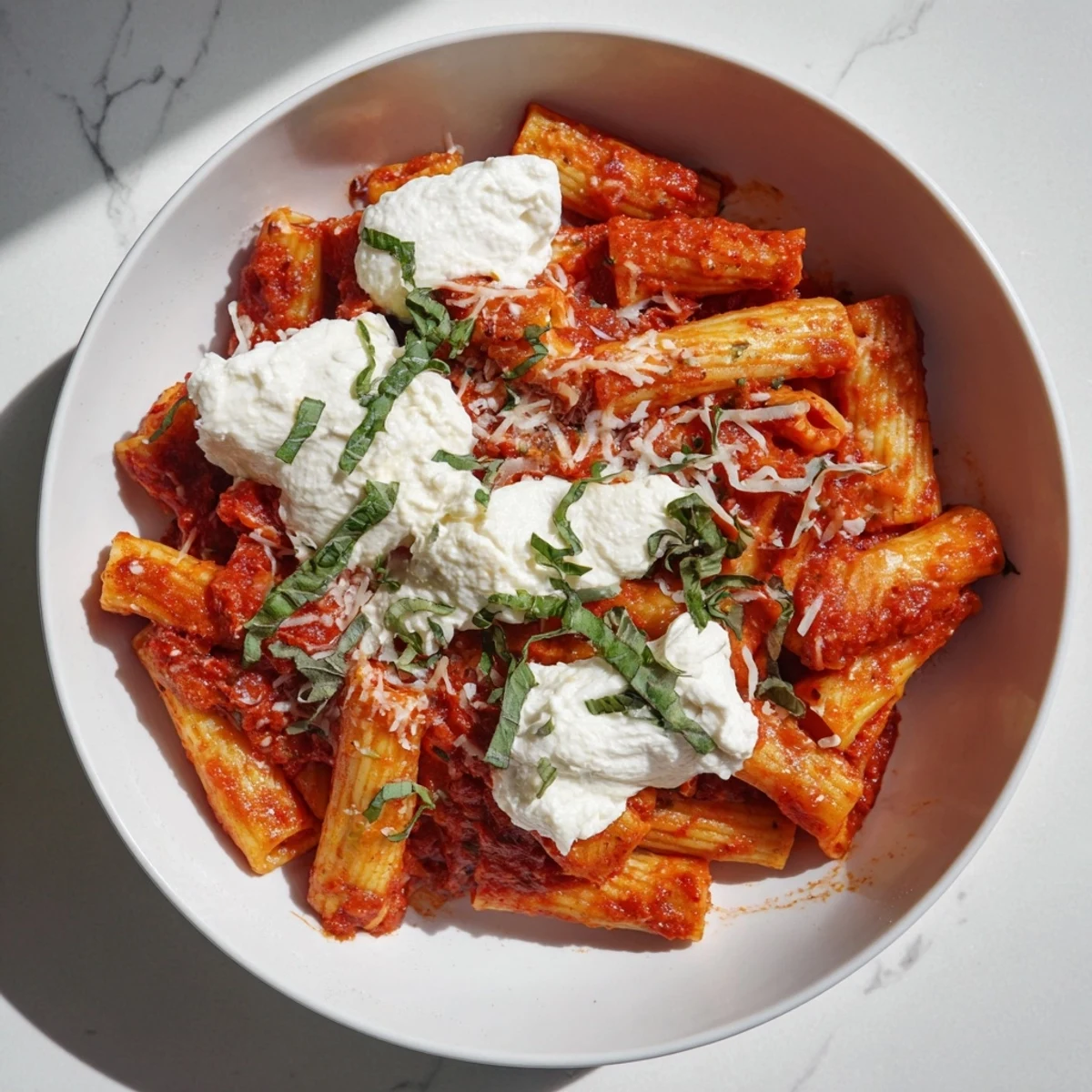 Close-up of hearty One-Pan Baked Ziti, hinting at the savory flavor in this easy, comforting dish.