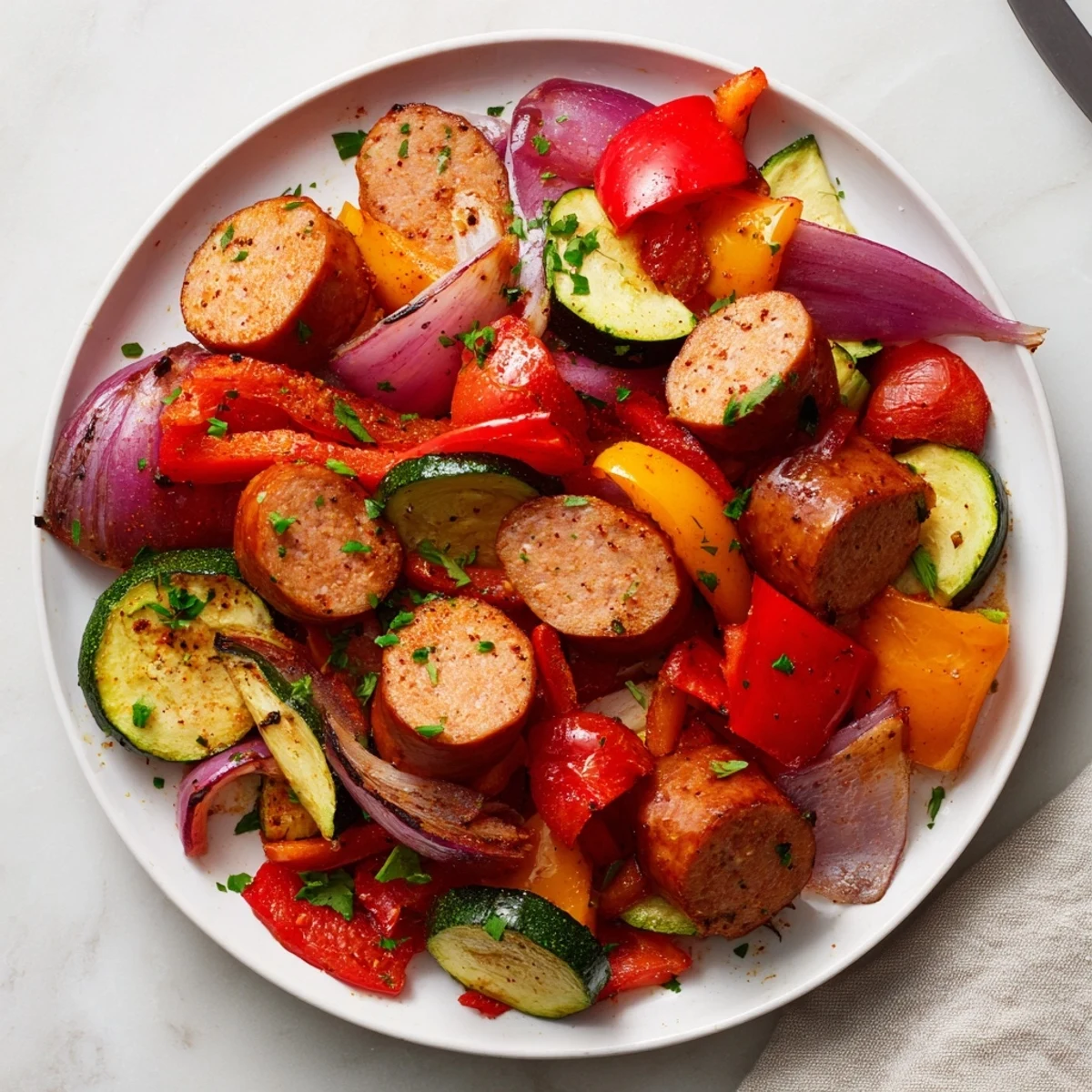 Golden-brown sheet-pan roasted veggies and sausage with colorful peppers and onions, ready to eat.