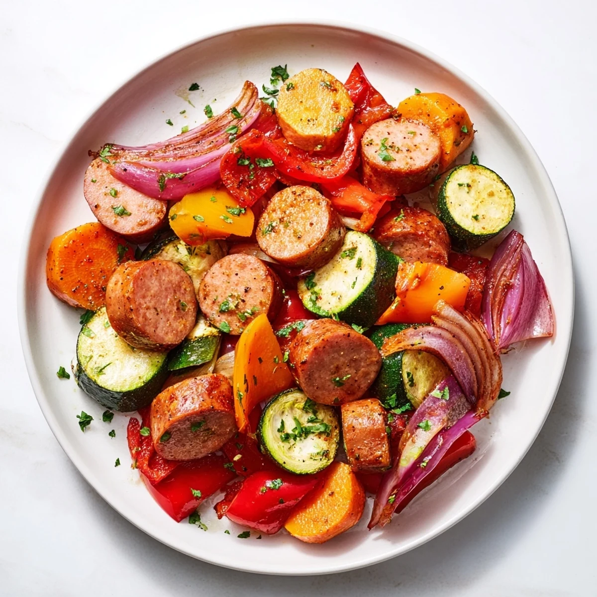 Hearty and flavorful sheet-pan roasted veggies & sausage, a delicious and easy weeknight dinner idea cooked in the oven.