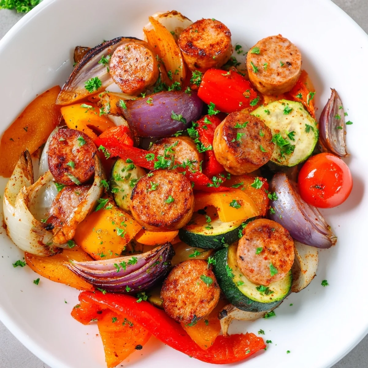 Vibrant image of sheet-pan roasted veggies & sausage alongside fresh parsley, perfect for a flavorful meal.