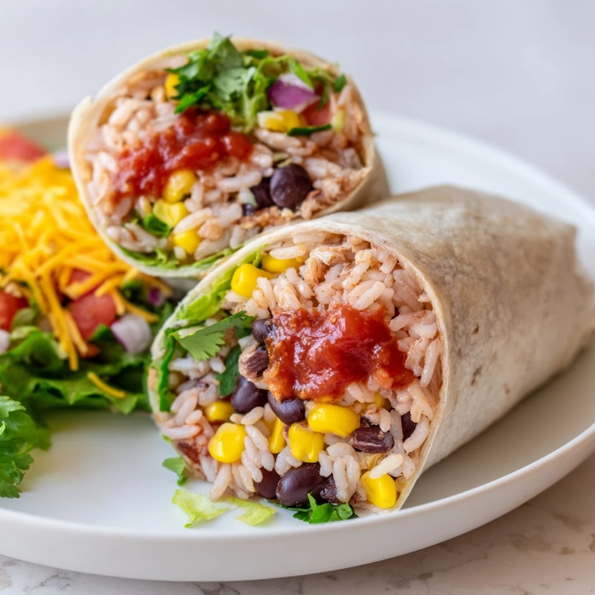 Steaming Rice & Bean Burritos with vibrant salsa, cheese, and fresh cilantro, ready to eat.