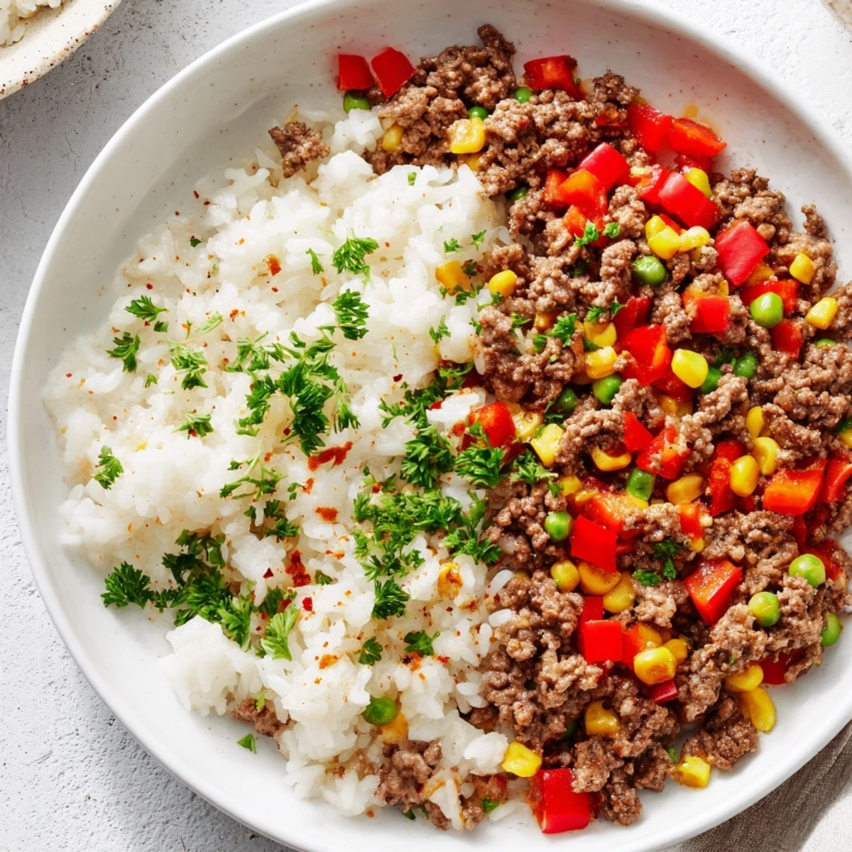 Golden-brown Ground Beef Skillet with Veggies & Rice, a flavorful one-pan meal sizzling in a skillet.