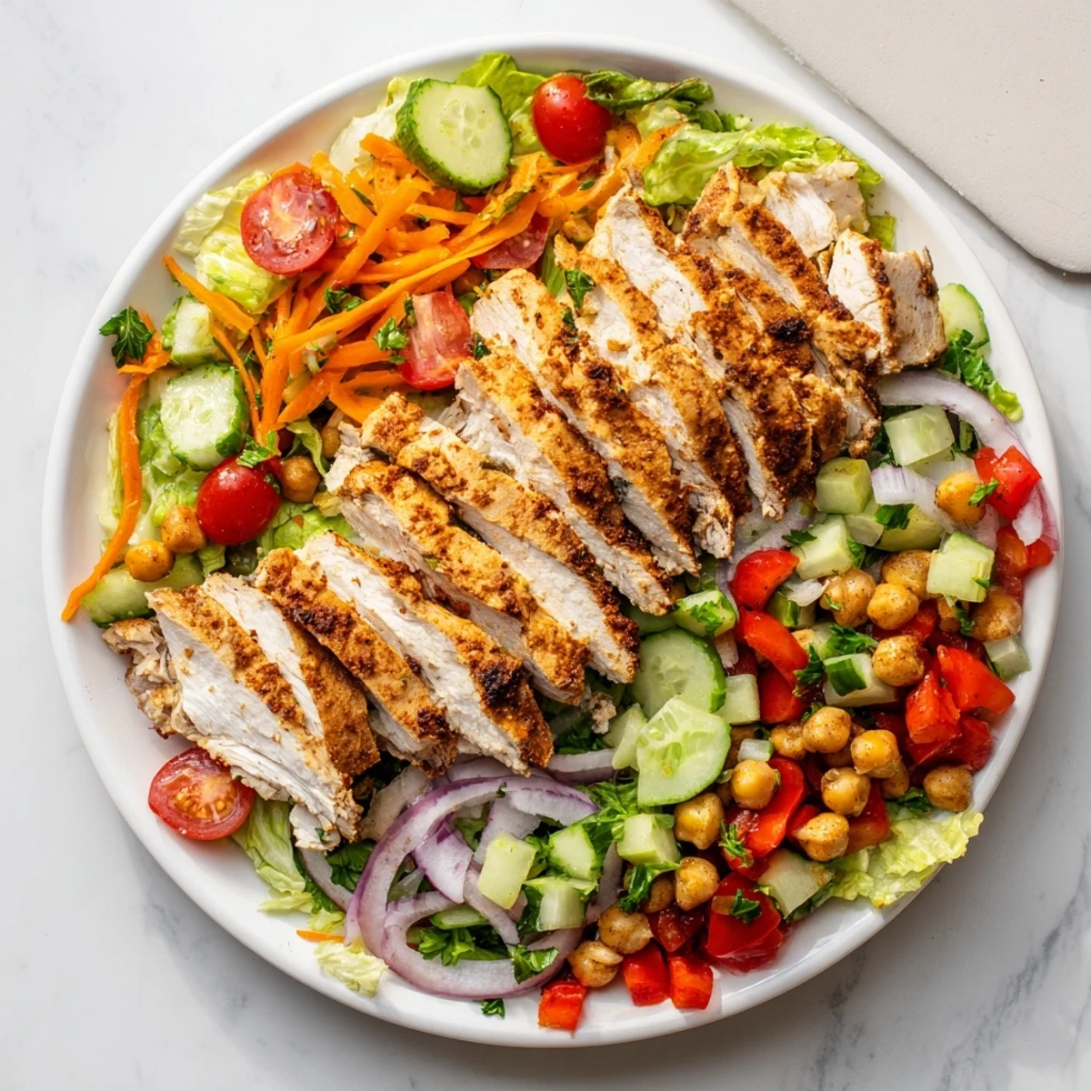 A satisfying bowl of homemade chicken salad with roasted chicken and a bright, flavorful dressing.