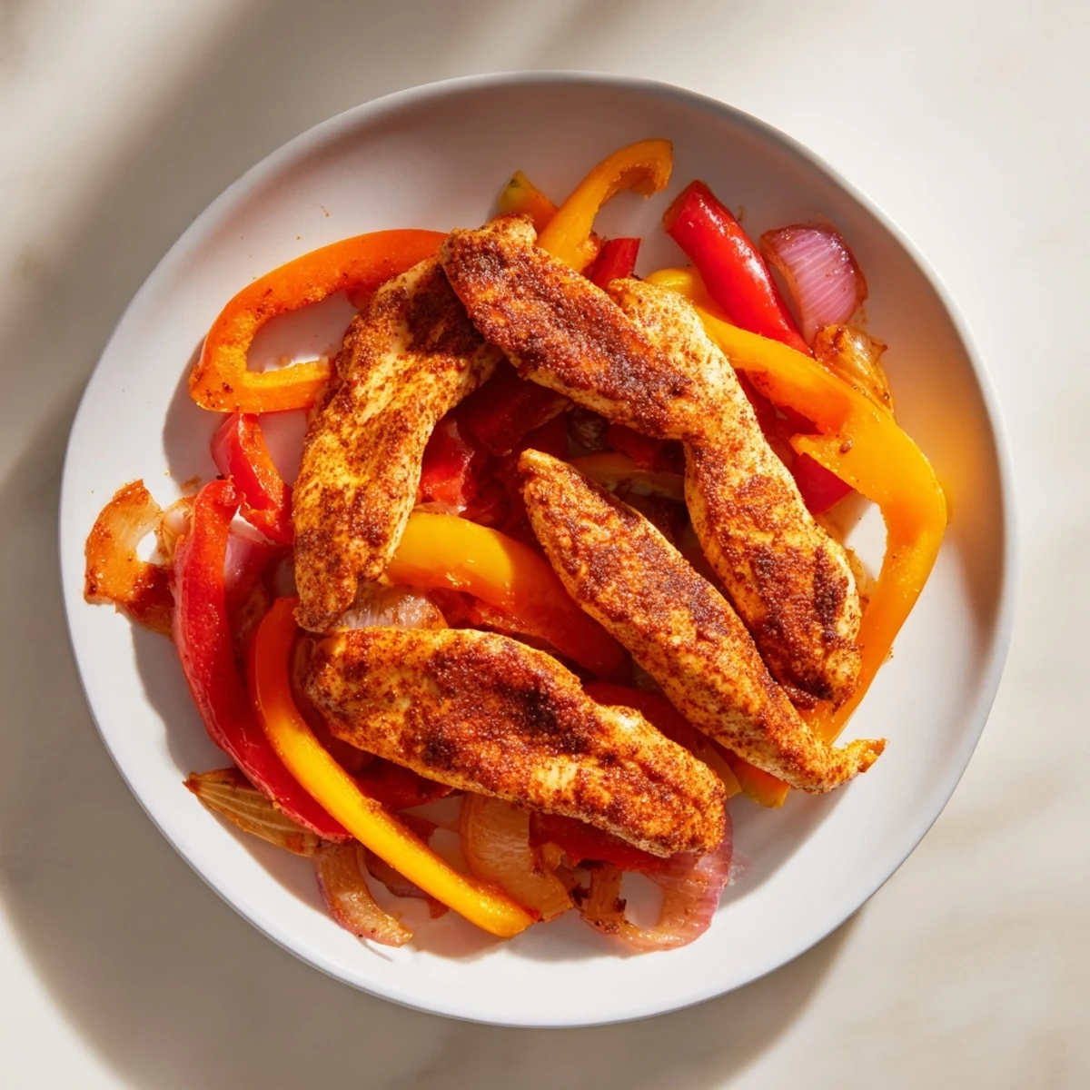Sheet-Pan Chicken Fajitas, sizzling from the oven with tender chicken, colorful peppers, and seasoned onions.