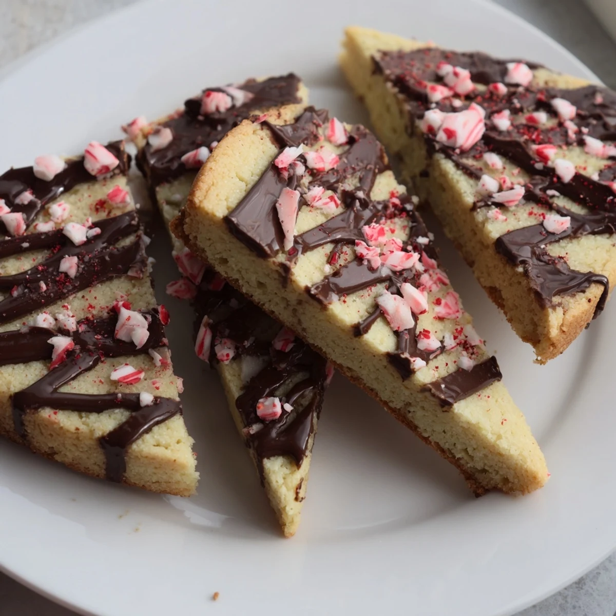 Golden-edged Chocolate Peppermint Shortbread wedges, offering a delightful mix of flavors and textures.