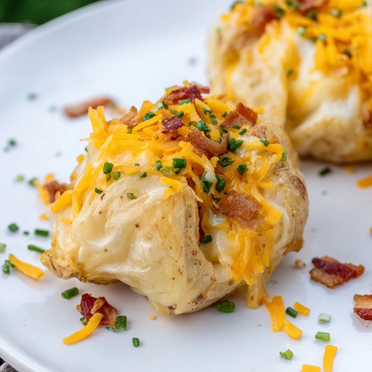 Steaming-hot, plump Loaded Baked Potato Soup Dumplings, a cozy, comforting American appetizer perfect for sharing.
