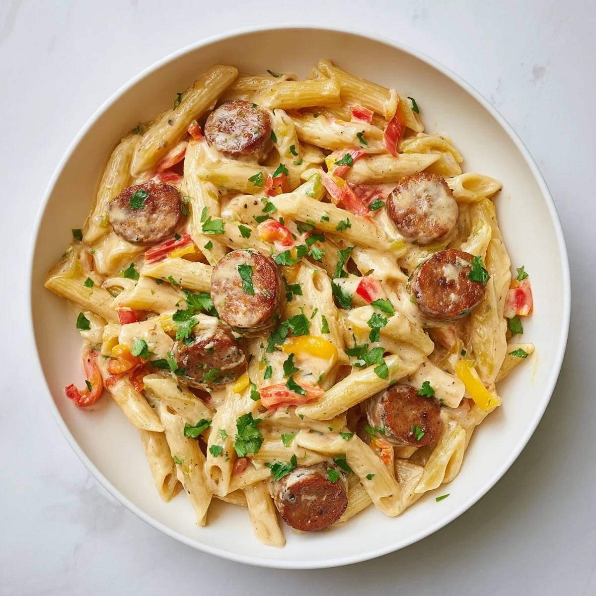 Enjoy a steaming bowl of Cajun Spiced Smoked Sausage Alfredo, full of smoky sausage and creamy sauce.