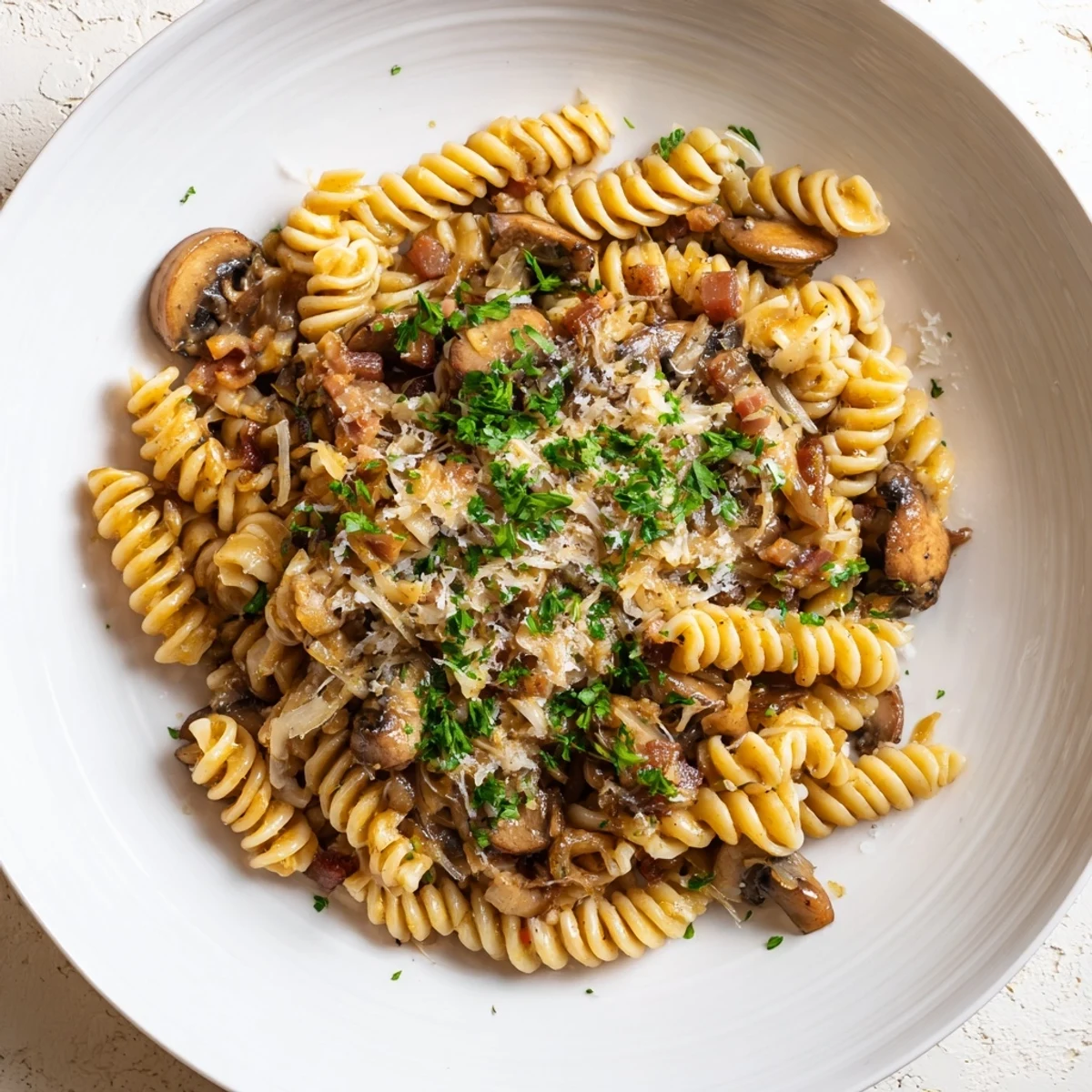 Fusilli with bacon, onions, and mushrooms: a hearty pasta dish with crispy bacon crumbles and Parmesan.