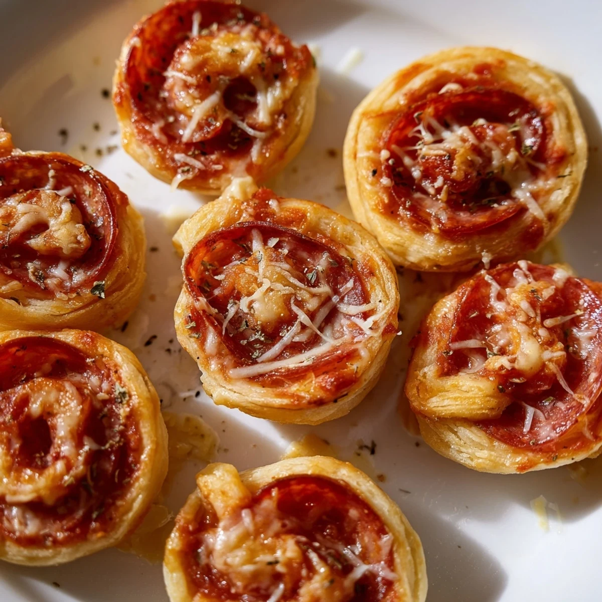 Freshly baked Mini Pepperoni Pizza Pinwheels, ideal appetizer, showcasing a tempting cheese and pepperoni filled swirl.