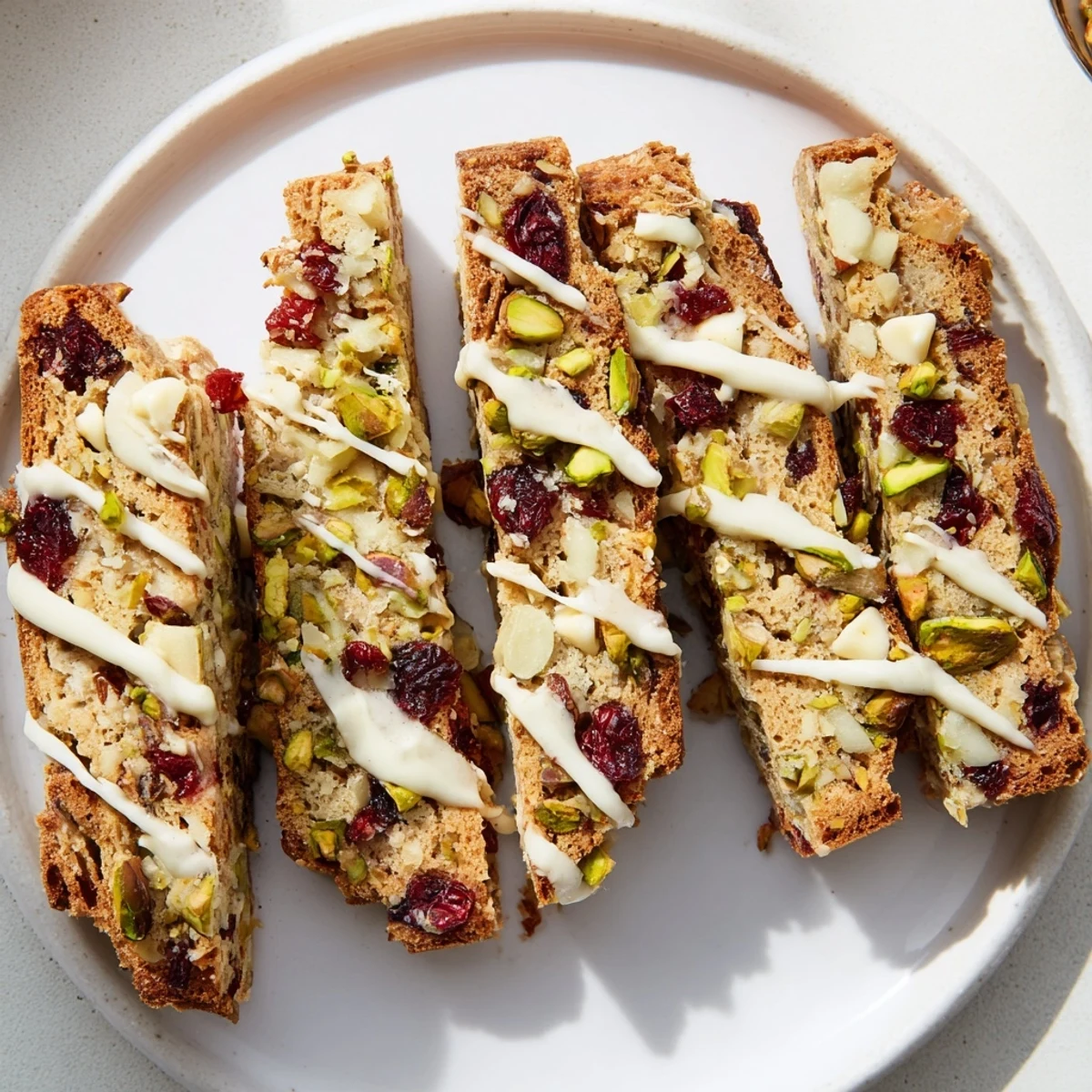 Golden-brown White Chocolate Cranberry Pistachio Biscotti, perfect for sharing, loaded with fruit and nuts.