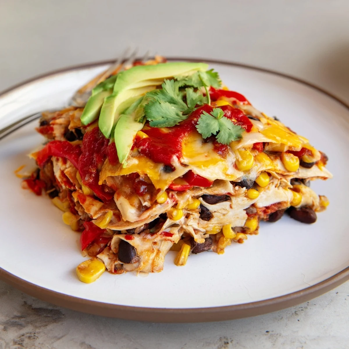 Quick Black Bean and Corn Tortilla Casserole bubbling with melted cheese and fresh cilantro garnishes.