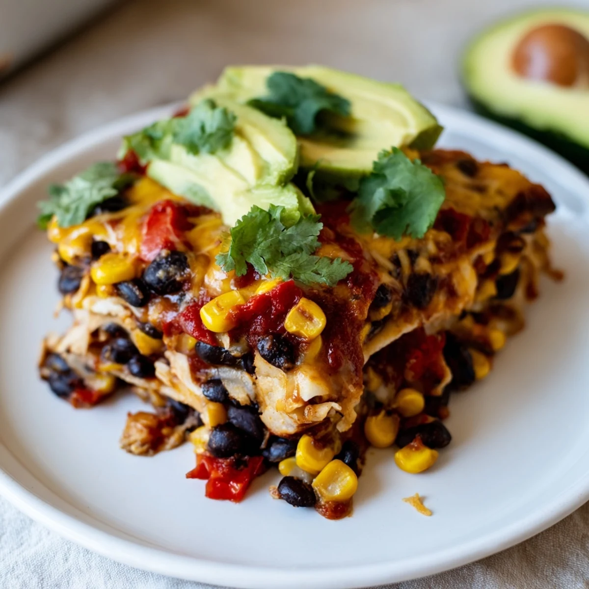 Golden, bubbly Quick Black Bean and Corn Tortilla Casserole, ready to slice and enjoy with your favorite toppings.