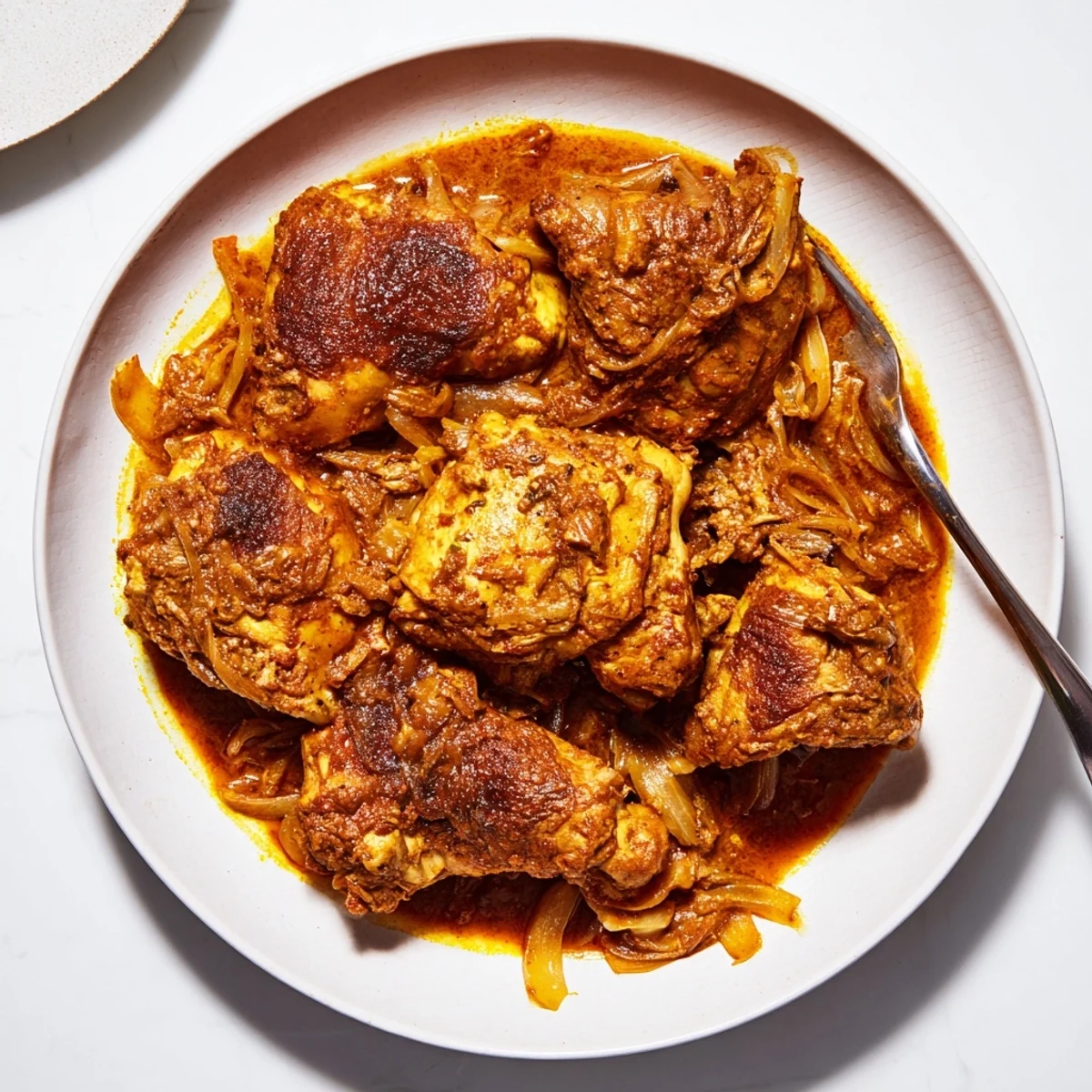 Budget Fesenjan stew simmering, showcasing tender chicken thighs in a rich, dark sauce for a hearty meal.