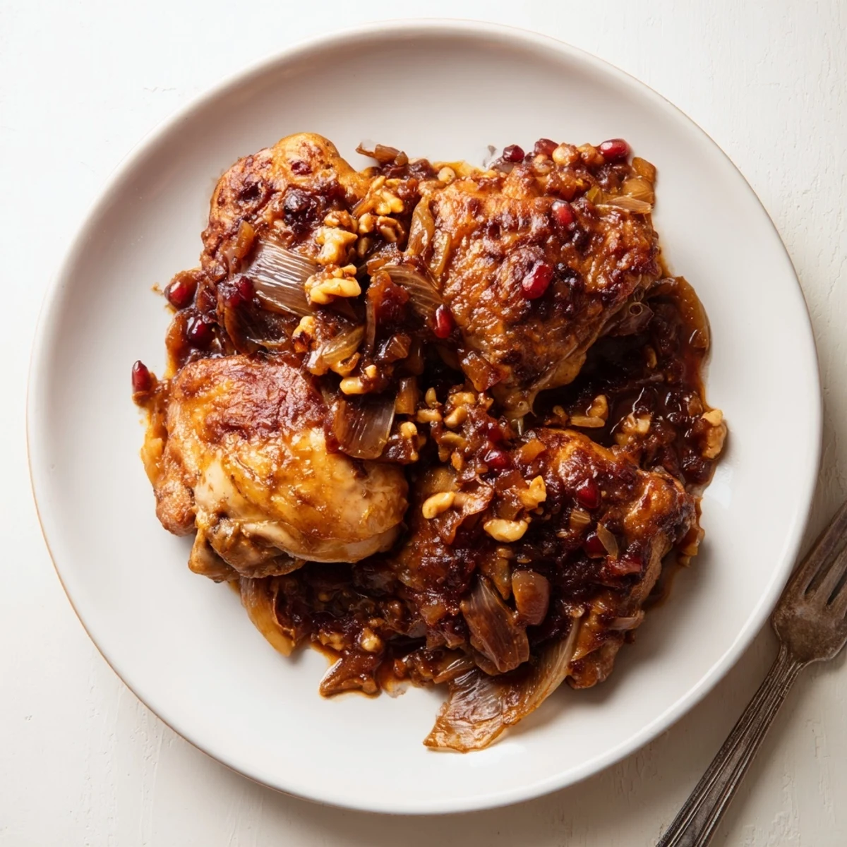 Close-up of Budget Fesenjan stew, with glistening chicken and walnuts, promising a flavorful Persian dish.
