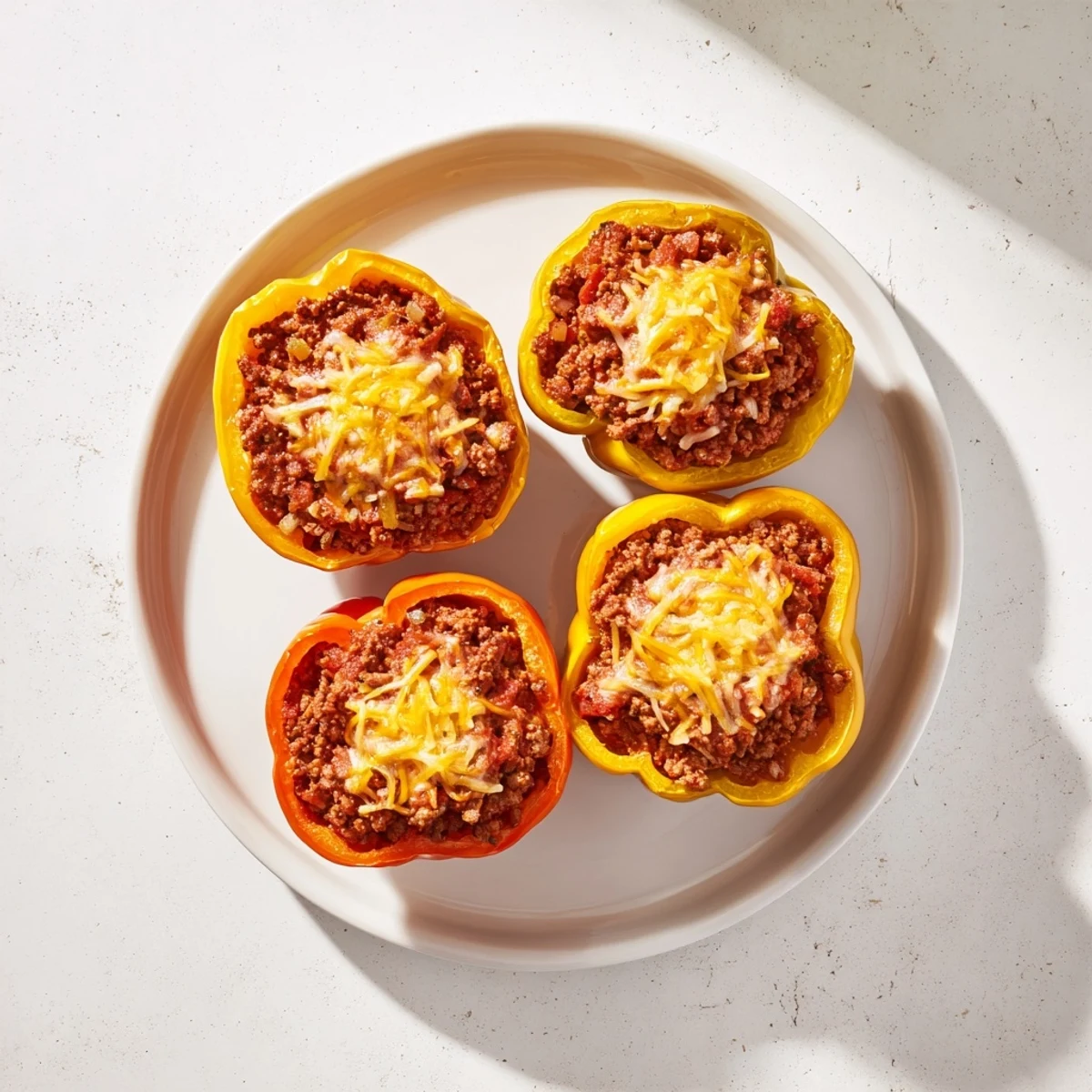 Steaming hot Sloppy Joe Stuffed Bell Peppers, bursting with cheesy goodness and savory beef filling.