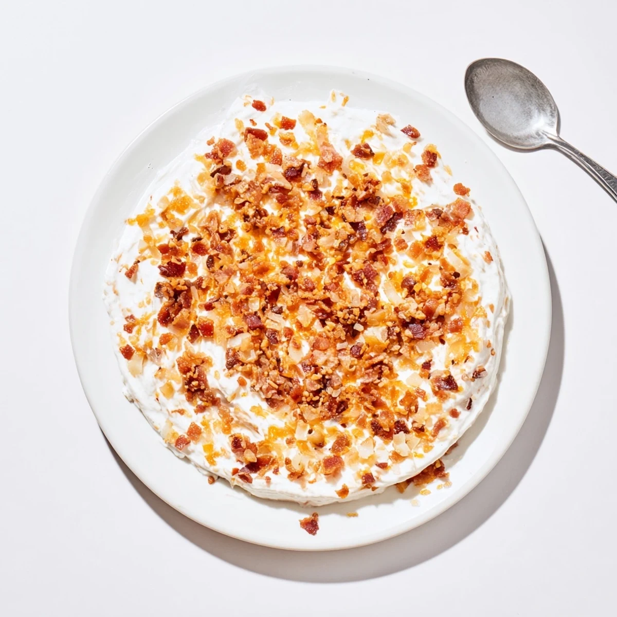 Golden caramelized onion and bacon dip, served with crispy chips, a perfect appetizer.