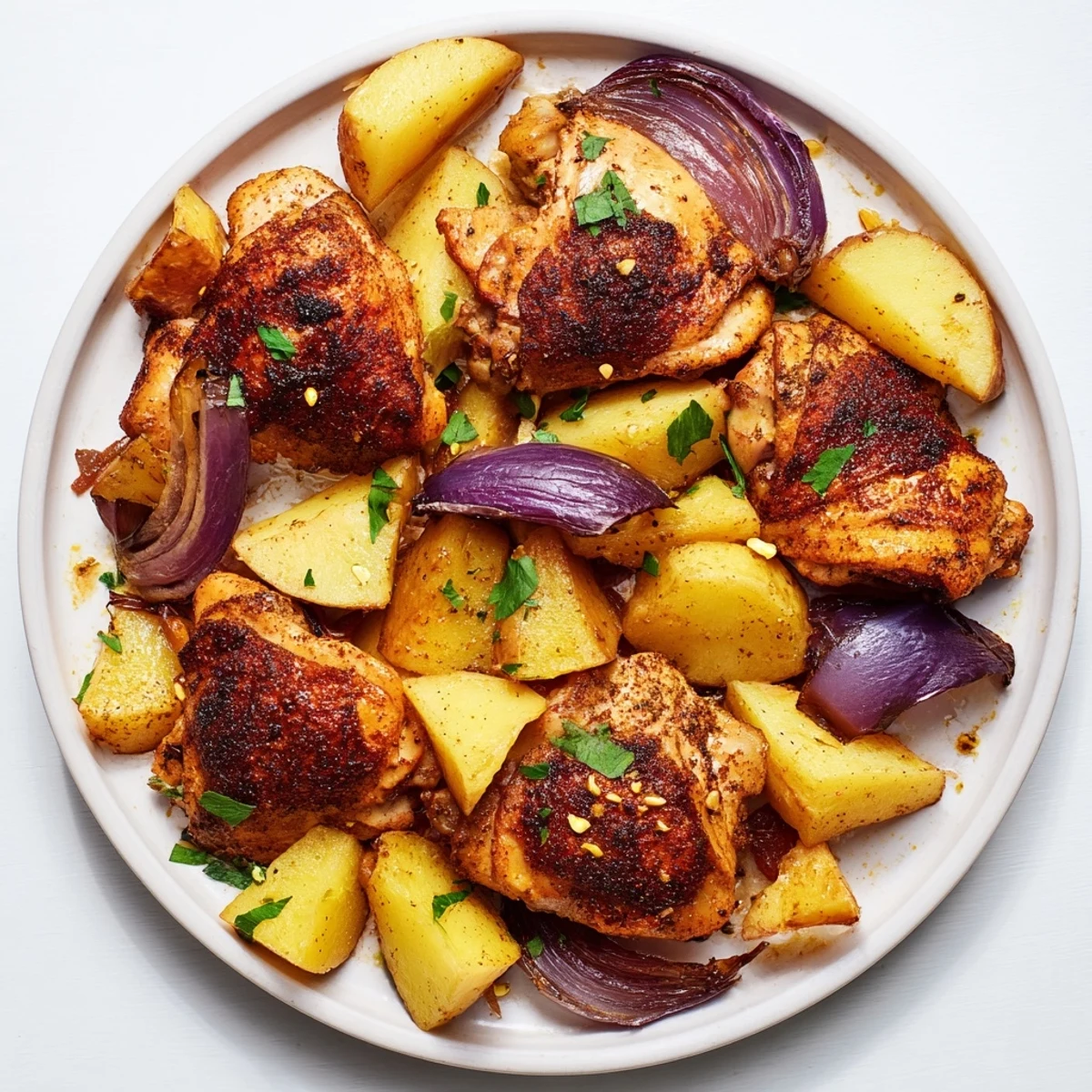Golden-brown pan-roasted zaatar chicken and potatoes, a flavorful Middle Eastern dinner, ready to enjoy.