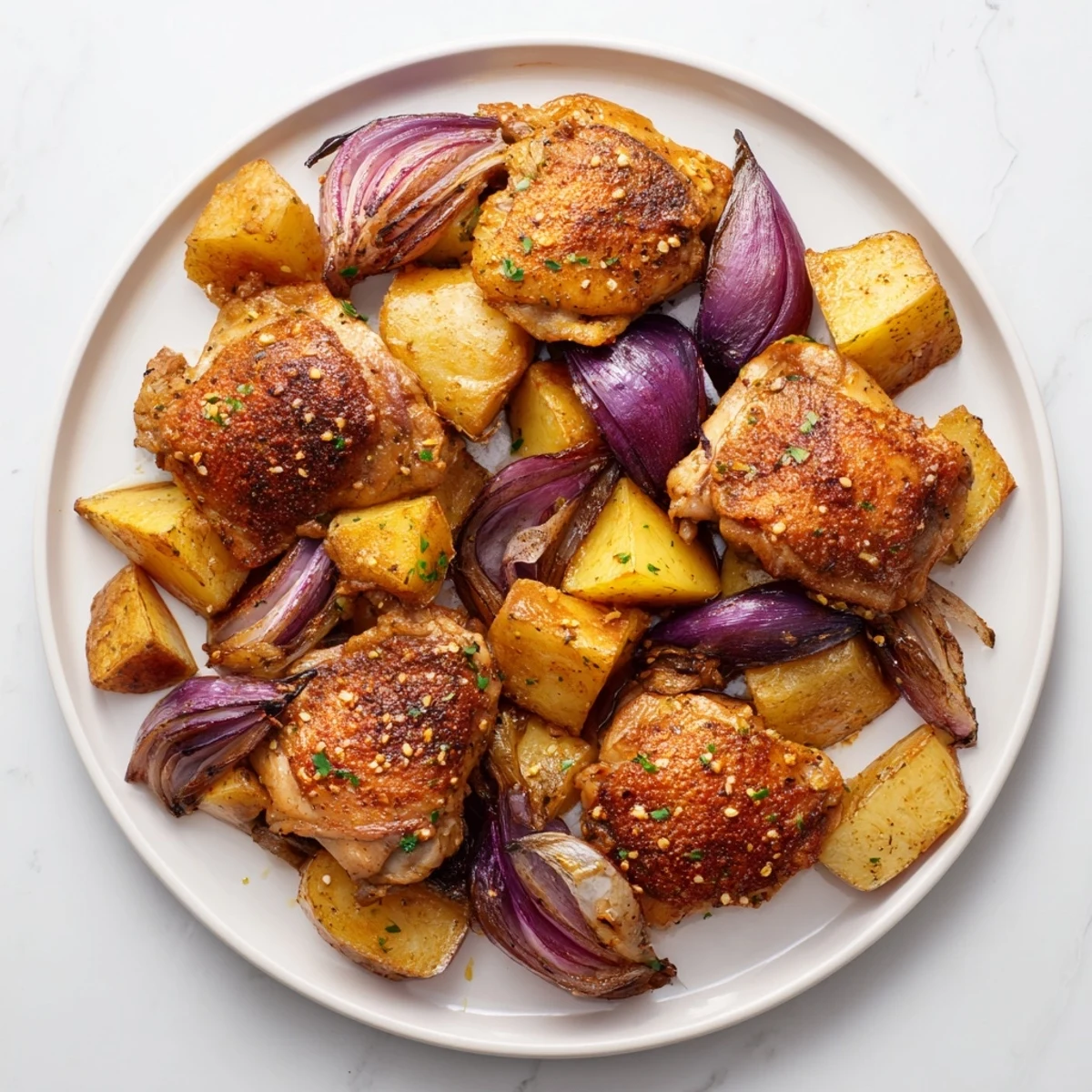 Crispy-skinned zaatar chicken nestled among roasted potatoes, a beautiful image of this easy, aromatic meal.