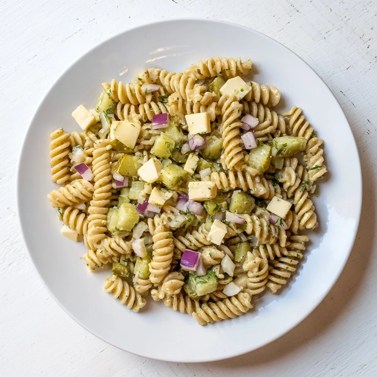 Cool and refreshing dill pickle pasta salad, perfect for a summer picnic or potluck gathering.