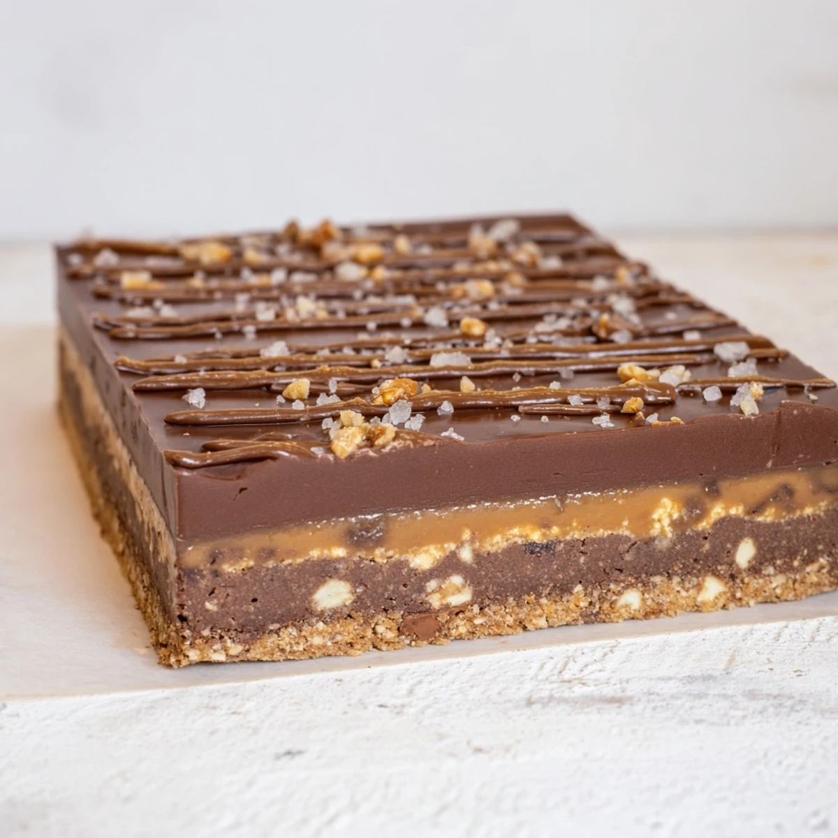 Golden, gooey 7-Layer Magic Bars topped with a sea salt caramel drizzle, ready to enjoy.