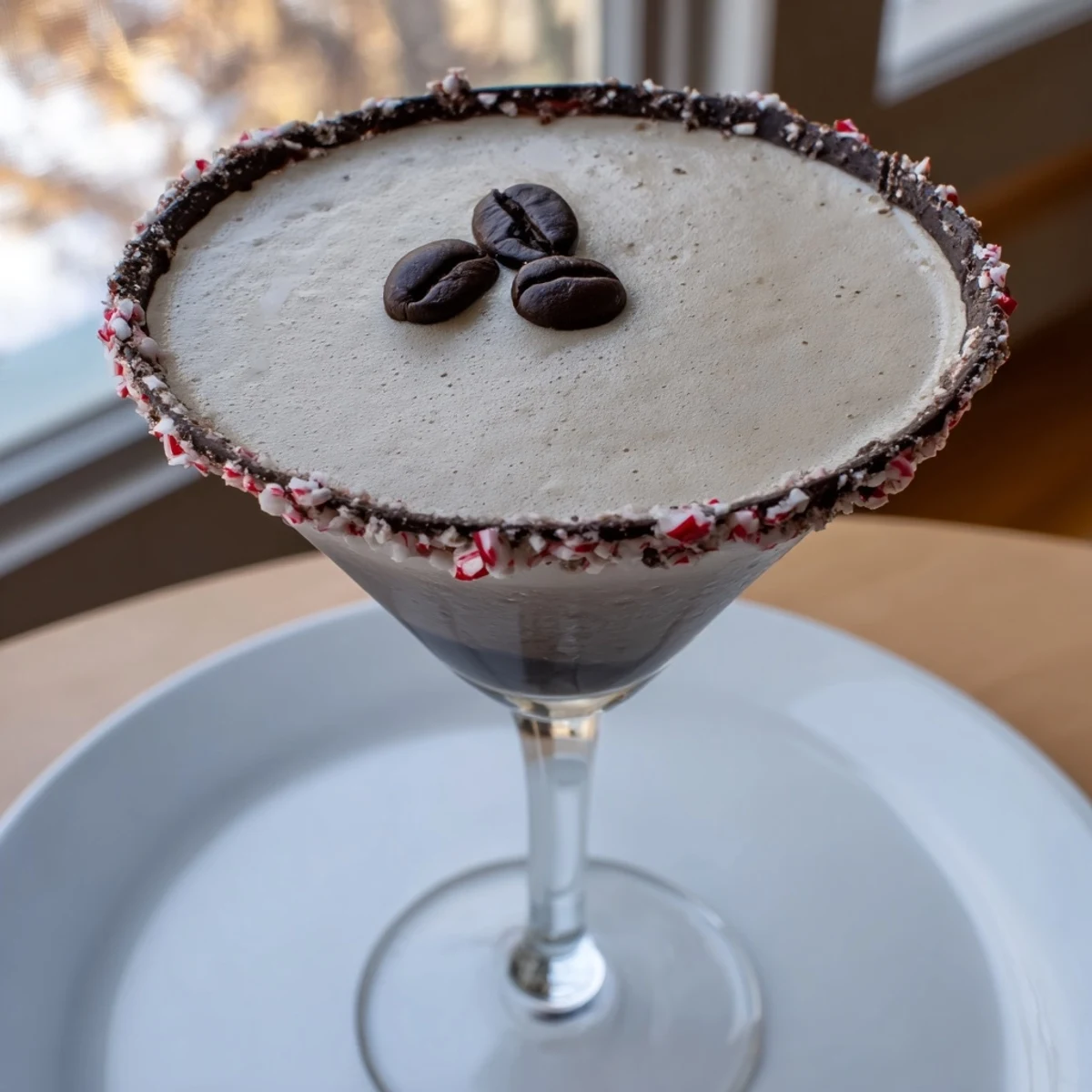 Garnished Peppermint Espresso Martinis, rich and inviting, with a sweet chocolate-peppermint rim, ready to sip.