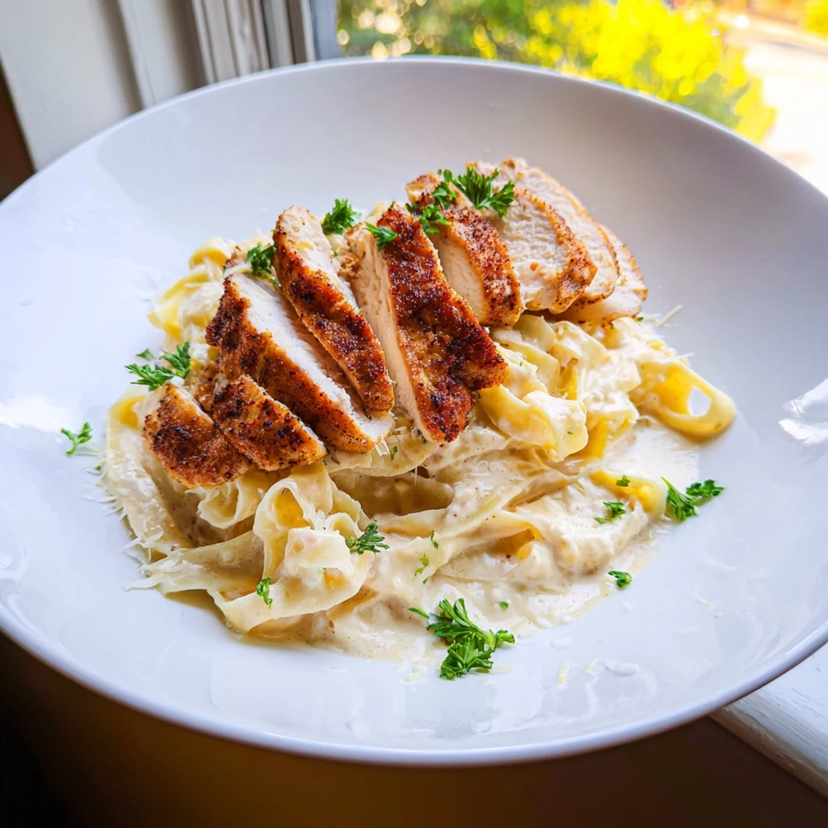 Cajun Chicken Alfredo Fettuccine pasta: creamy, vibrant, with sliced chicken and Velveeta sauce.
