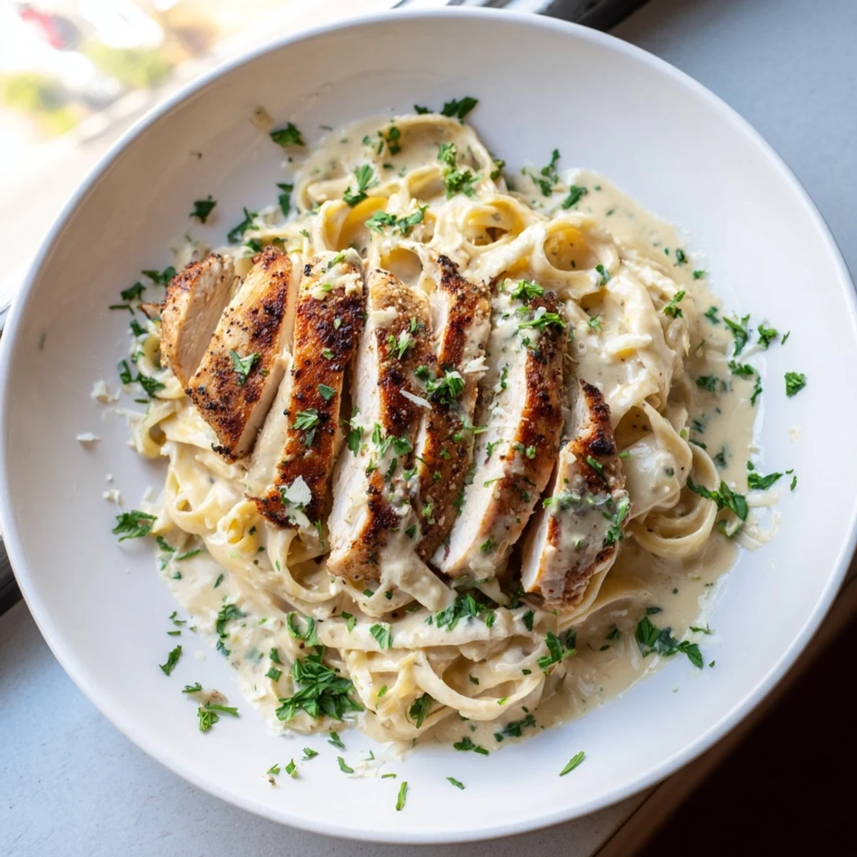 This photo features a steaming bowl of Cajun Chicken Alfredo Fettuccine, perfectly garnished and ready to eat.