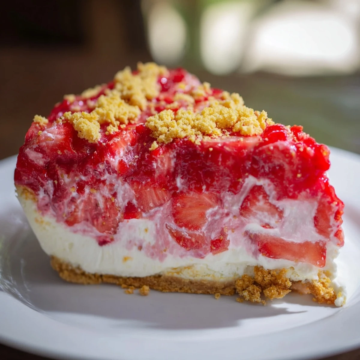 A slice of creamy strawberry shortcake cheesecake with vibrant strawberry topping and golden crumble.