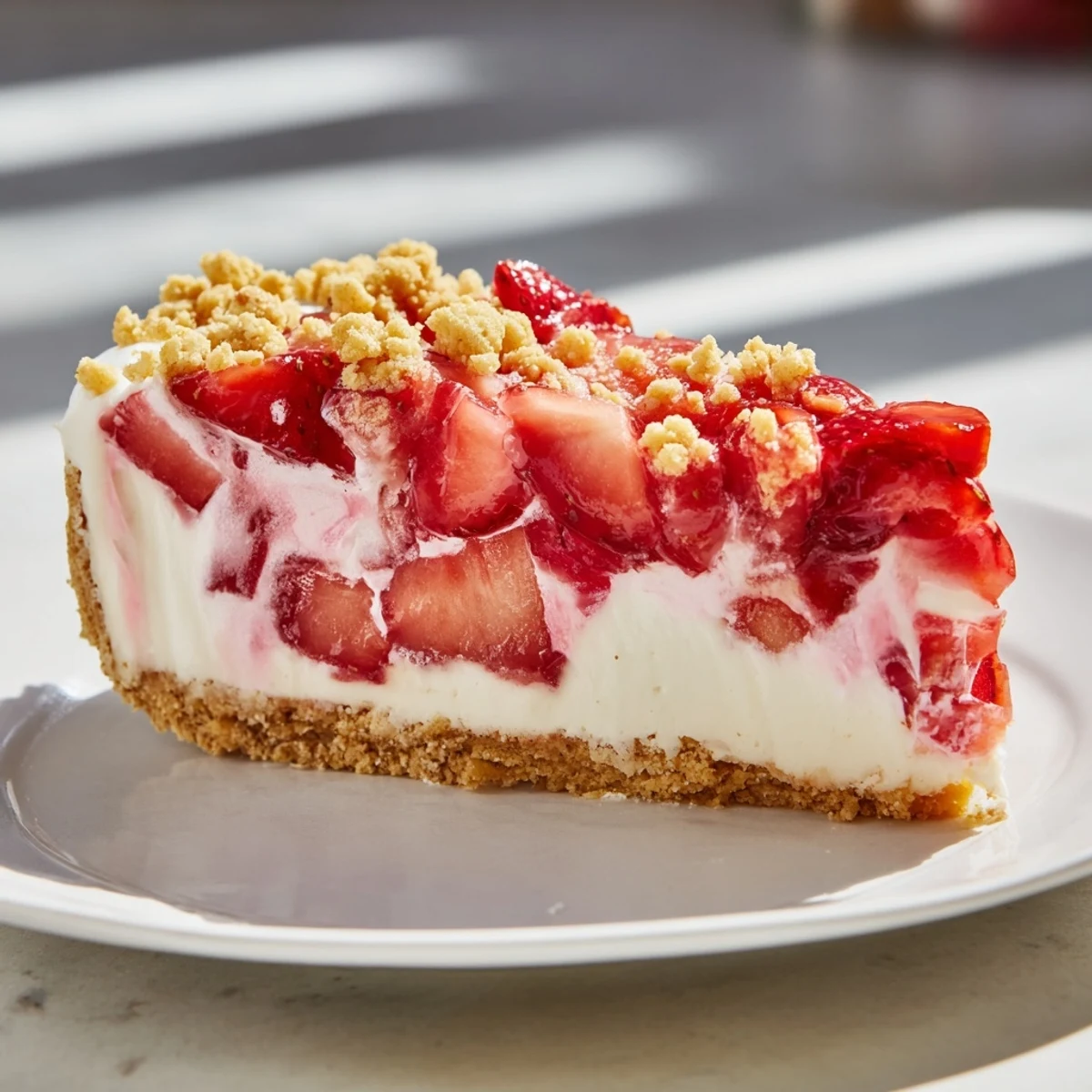 This mouthwatering strawberry shortcake cheesecake shows a delicious texture and is layered beautifully.