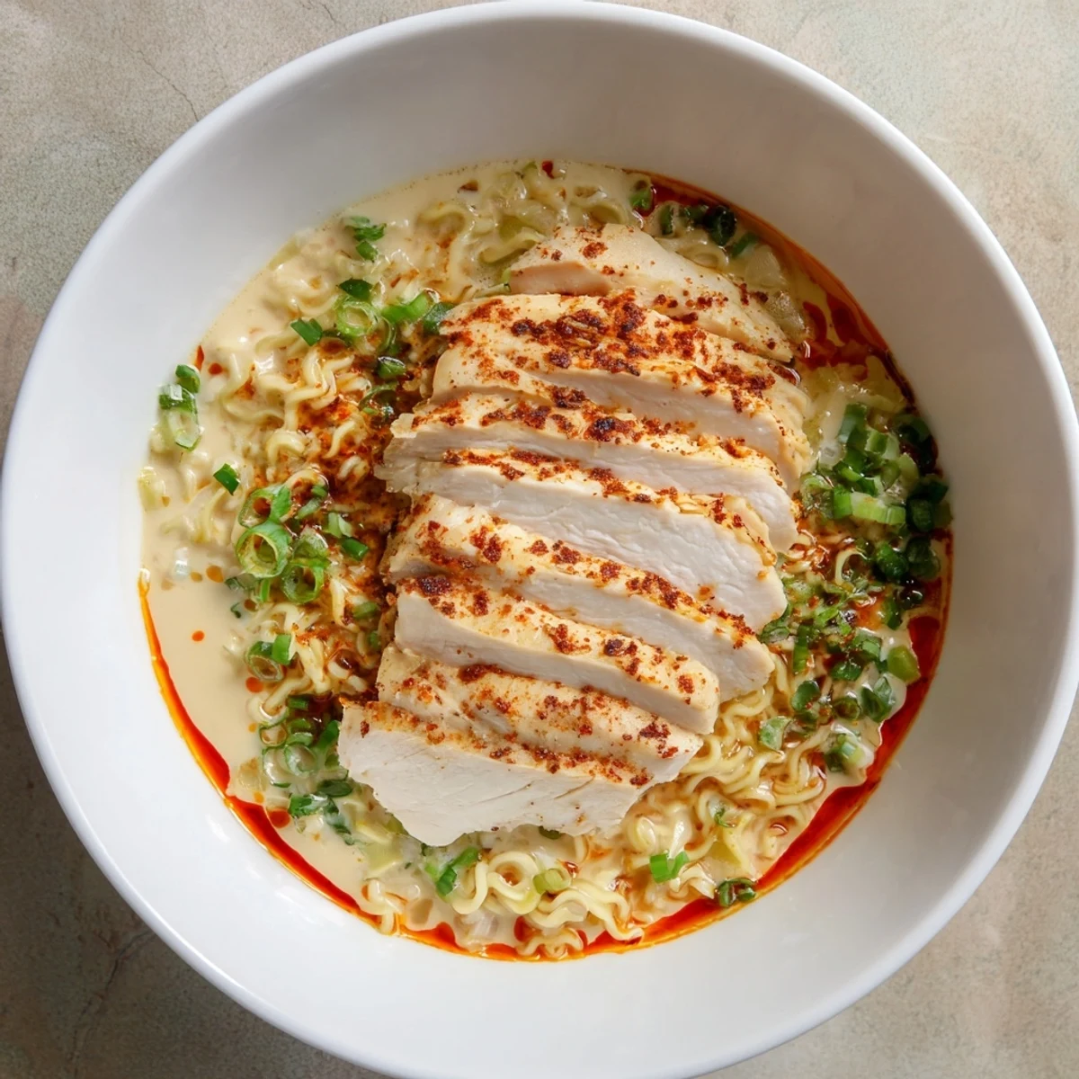 Steaming, flavorful Fiery Chicken Ramen with tender chicken, creamy garlic sauce, and fresh green onions, ready to eat.