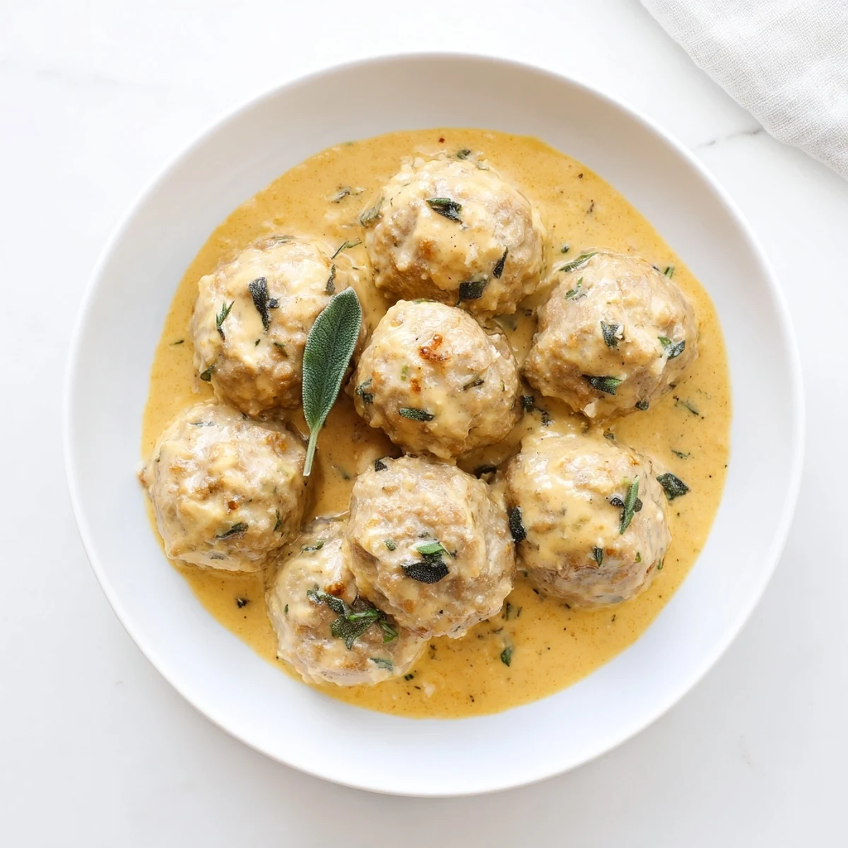 A flavorful bowl of turkey meatballs in pumpkin sage sauce, perfect over fluffy pasta, ready to eat.