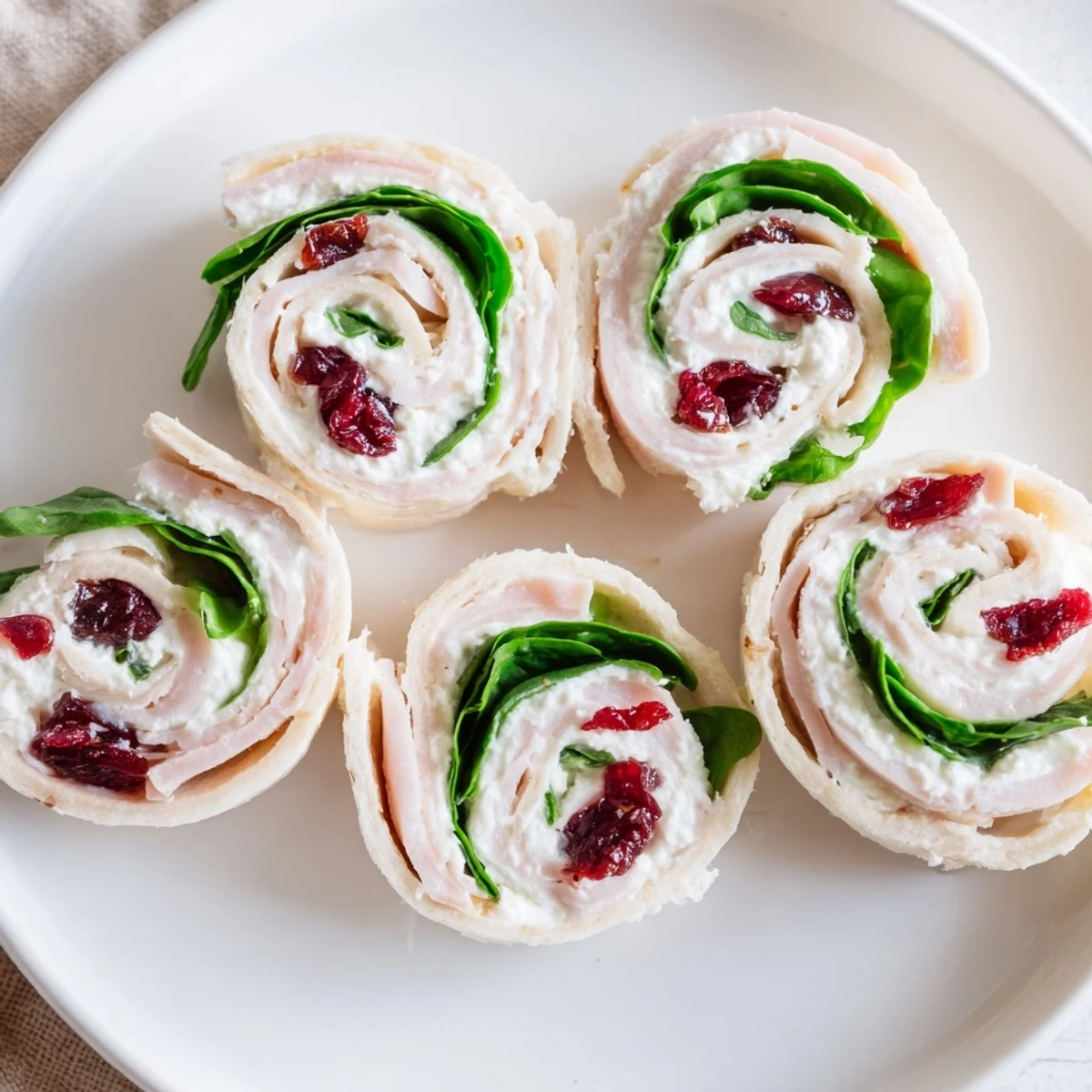 Sliced Turkey Cranberry Pinwheels, showcasing a delicious appetizer with vibrant red cranberries and rolled tortillas.