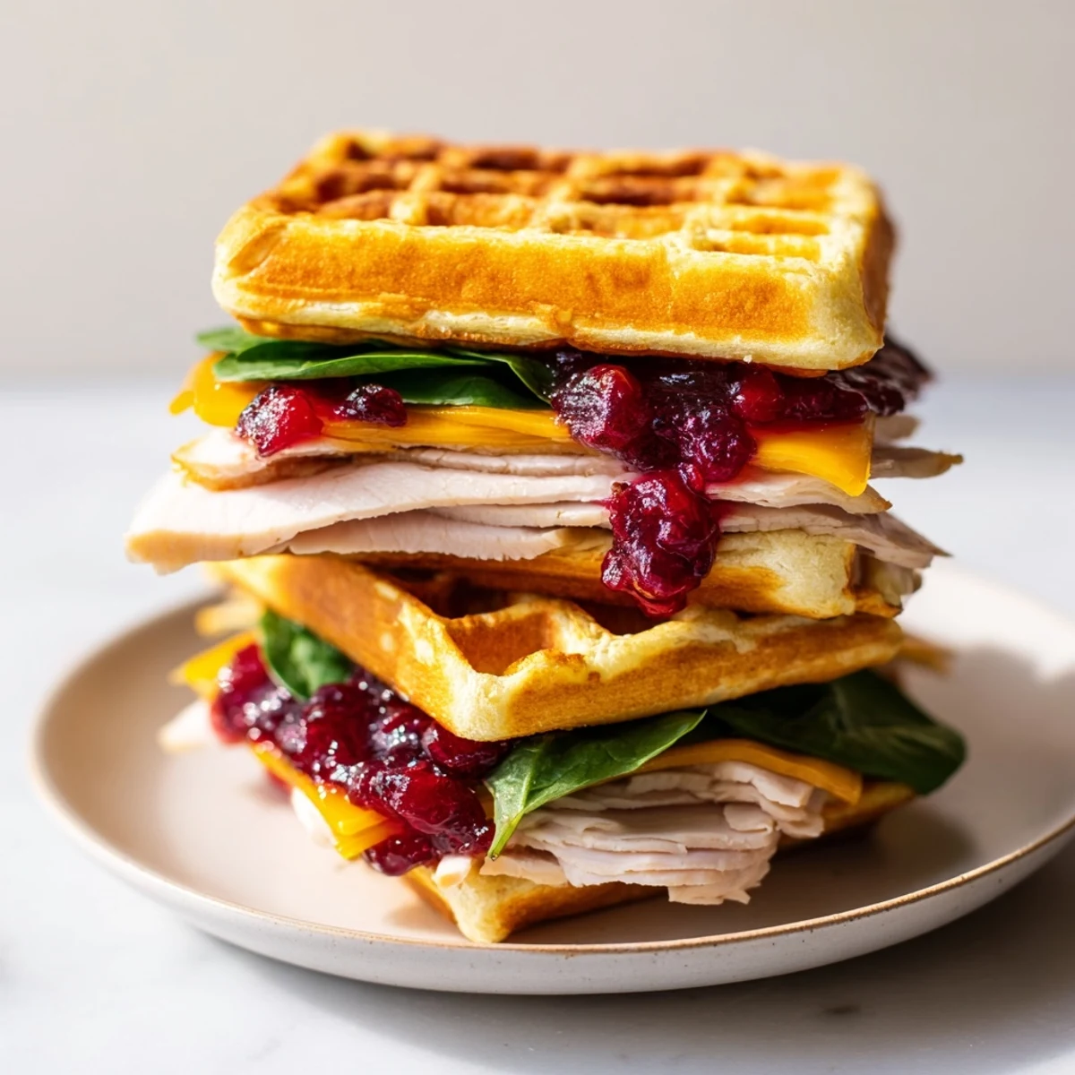 Warm, toasted Holiday Waffle Sandwiches, stacked high with savory fillings and a touch of sweet cranberry.