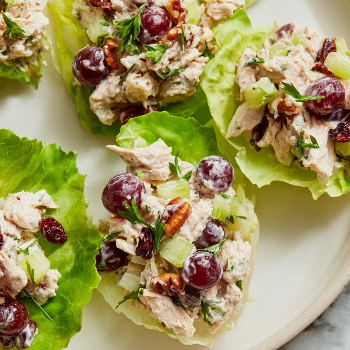 Close-up of fresh, flavorful Simplified Festive Chicken Salad Cups with grapes and pecans.