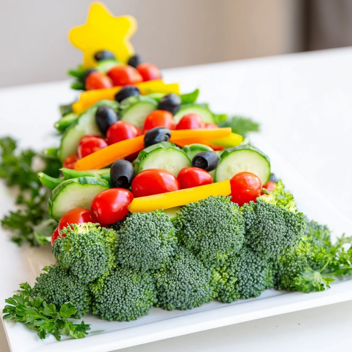 A vibrant Healthy Christmas Veggie Platter Tree with colorful vegetables is ready to serve.
