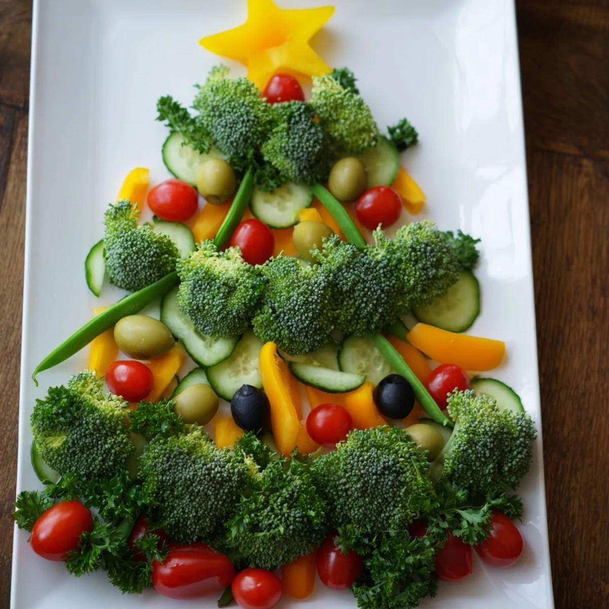 Freshly arranged Healthy Christmas Veggie Platter Tree showcasing a delicious and healthy appetizer for the holidays.