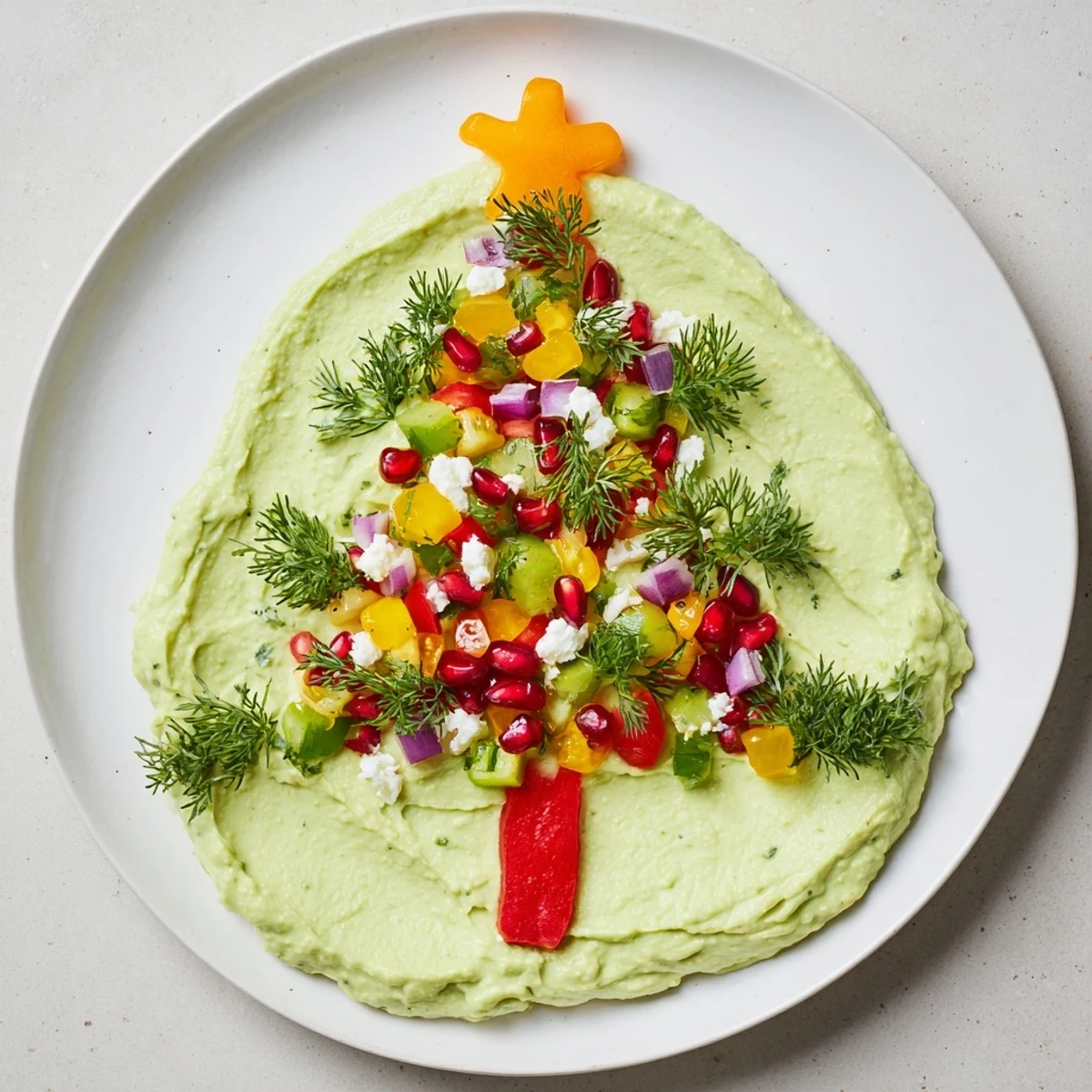 Creamy whipped avocado Christmas tree dip decorated with colorful tomatoes and peppers, perfect holiday appetizer.