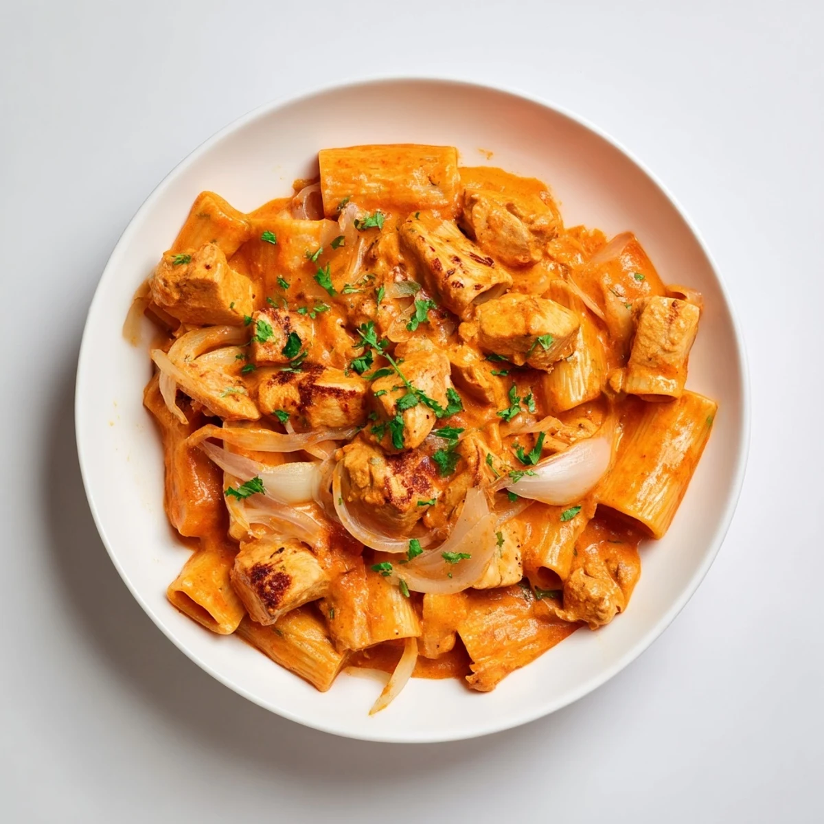 Creamy Chicken Tikka Masala Pasta: A vibrant plate showcases the flavorful pasta dish's creamy sauce and tender chicken.