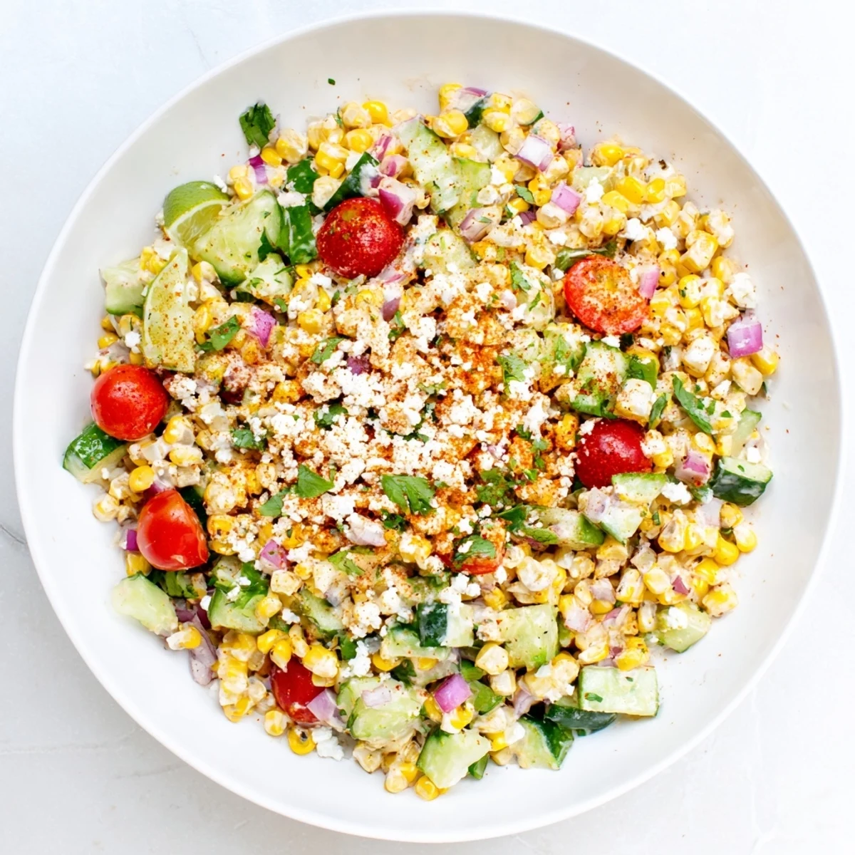 Mexican street corn chopped salad with charred corn, fresh veggies, and creamy dressing.