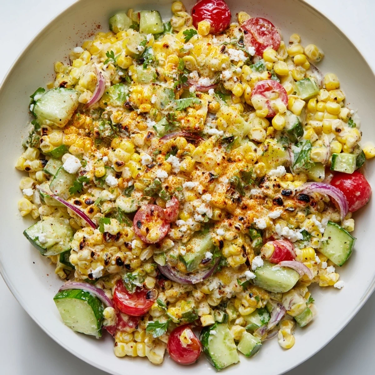 Vibrant Mexican street corn chopped salad featuring Cotija cheese, ready to enjoy.