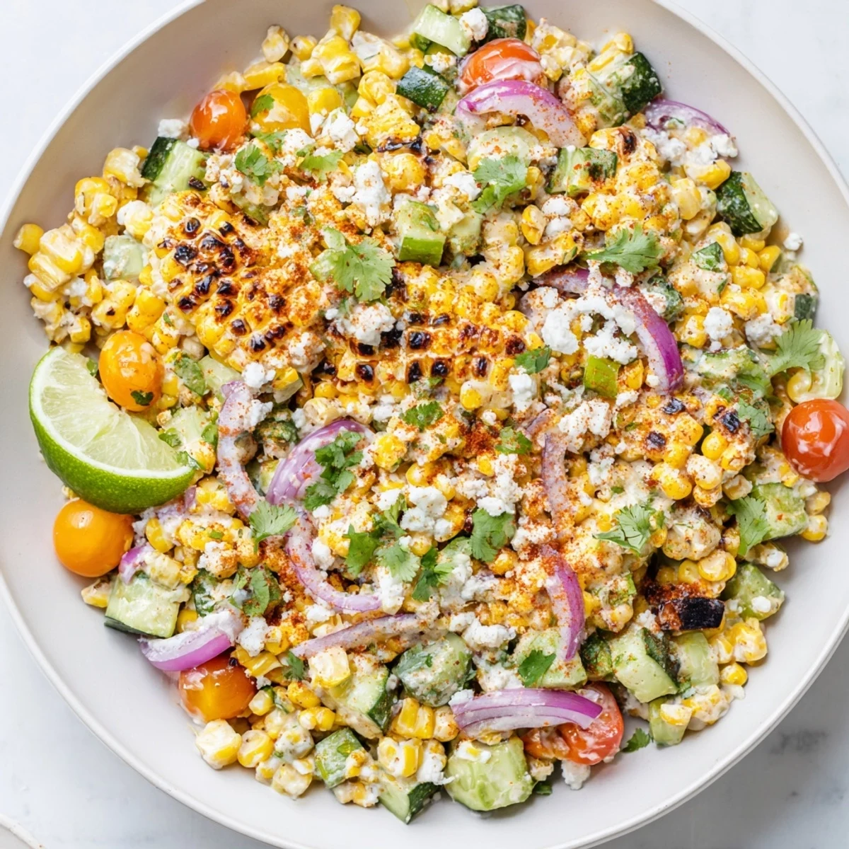 Close-up of a refreshing Mexican street corn chopped salad, perfect for summer meals.