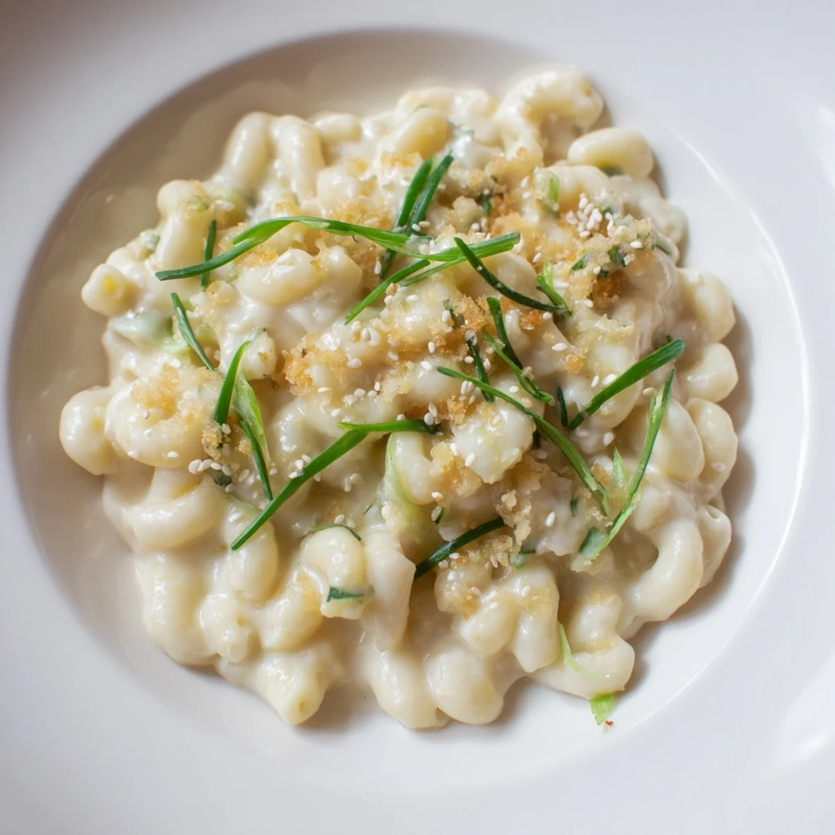 Creamy miso ditalini, a beautiful bowl of pasta with sesame seeds and green scallions.