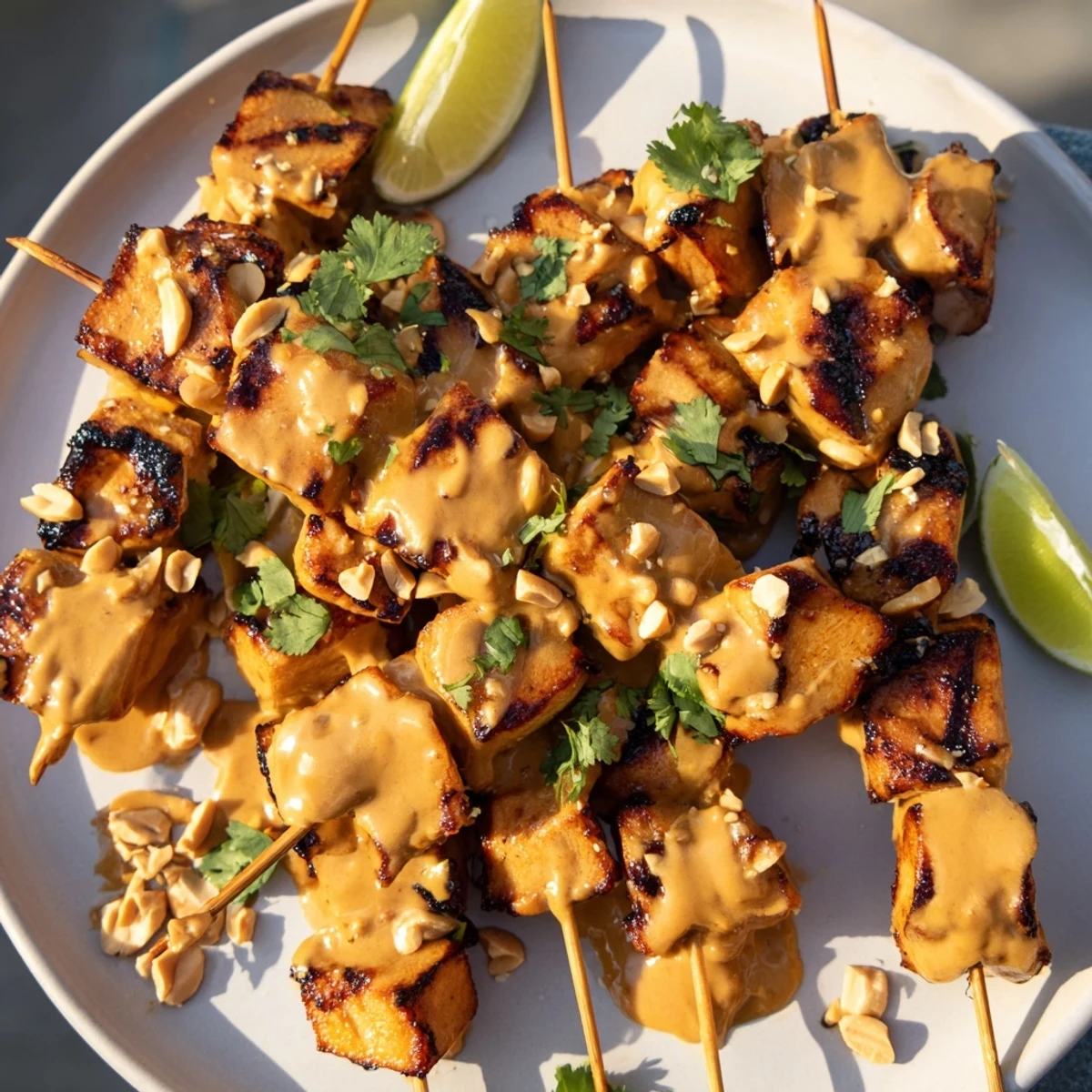 Grilled Spicy Peanut Satay Chicken Skewers, a flavorful dish with charred edges and vibrant garnish.